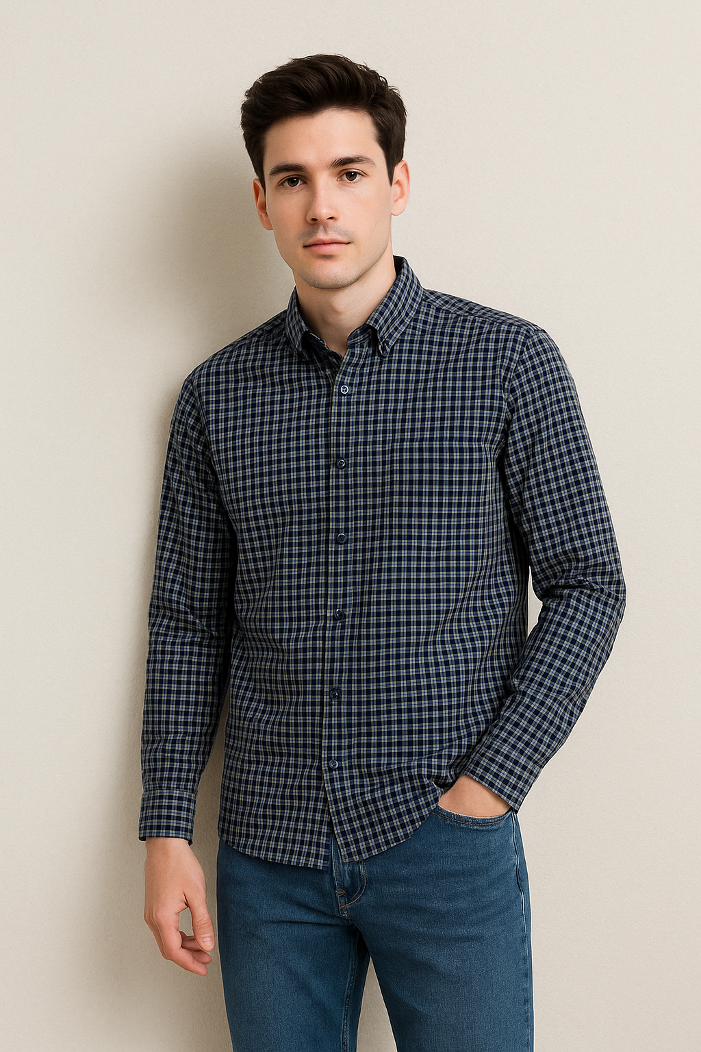 Camisas Para Hombre Cuadros Clásica Con Bolsillo B55209 Gris