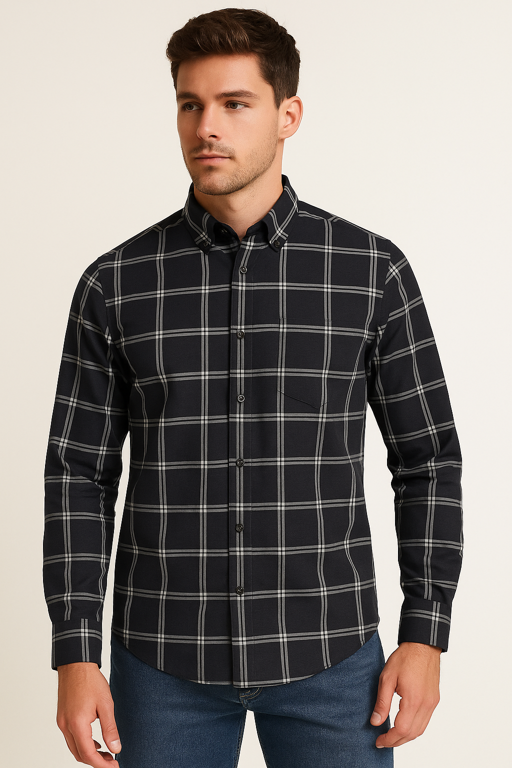 Camisas Para Hombre Cuadros Clásica Con Bolsillo B55210 Negro