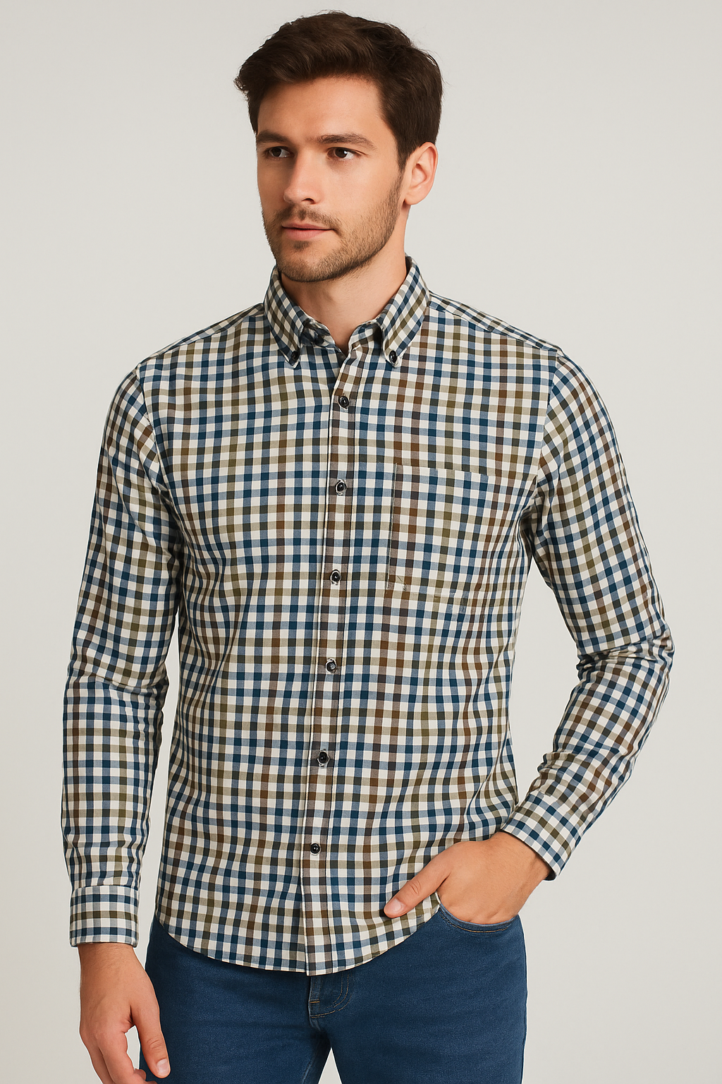 Camisas Para Hombre Manga Larga Multicolor B55211 Cafe