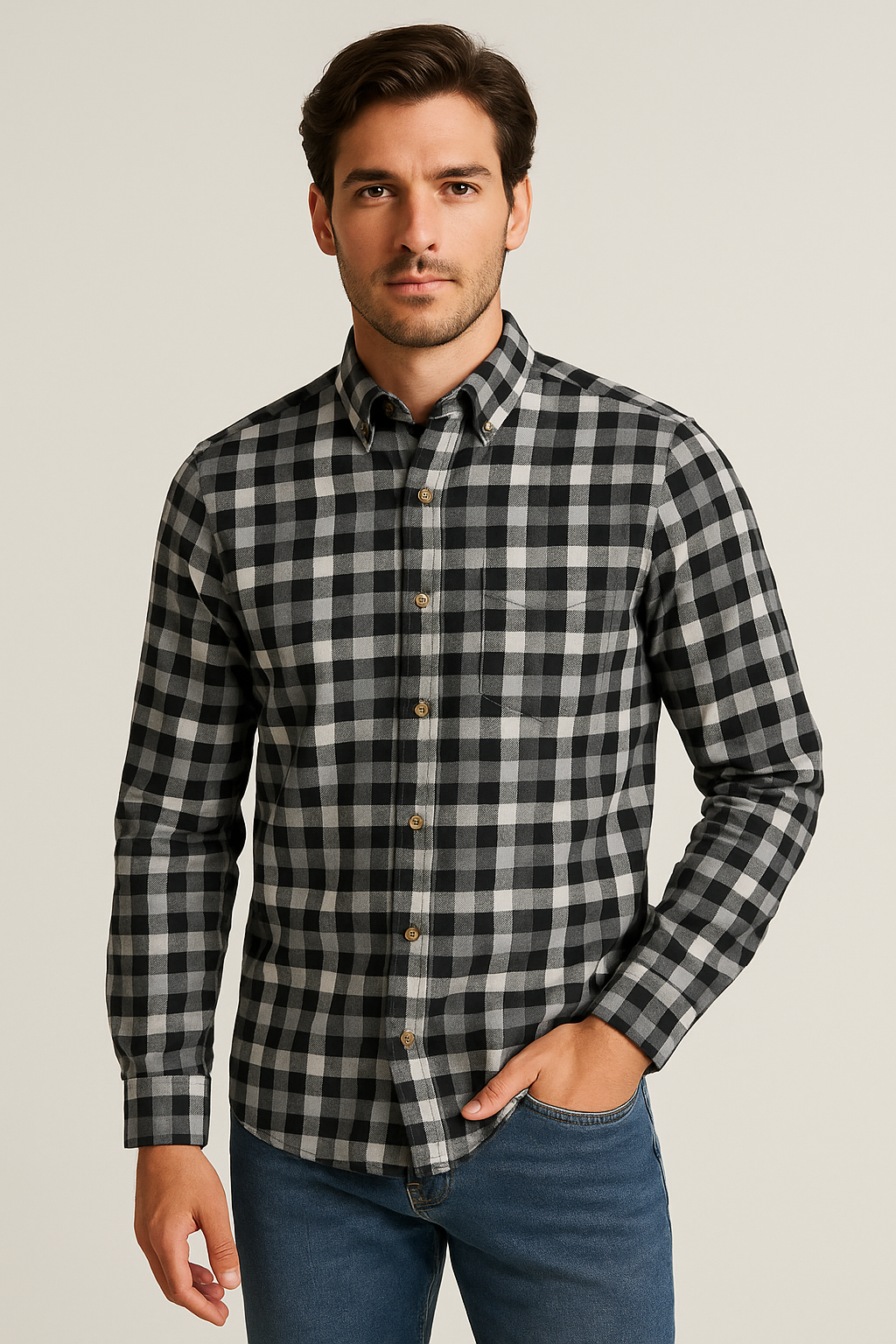 Camisas Para Hombre Cuadros Button Down B55103 Negro