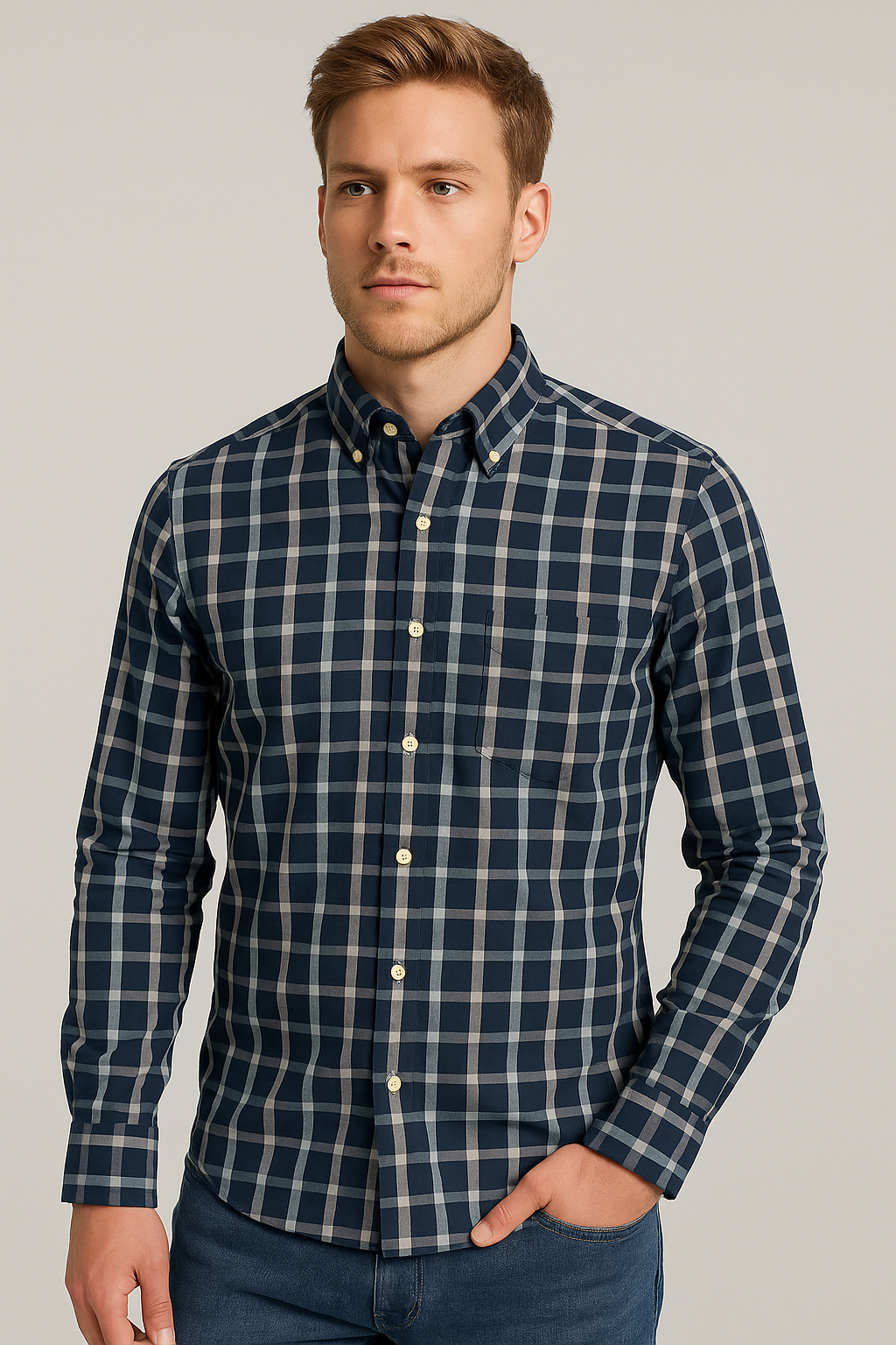 Camisas Para Hombre Cuadros Button Down B55104 Marino