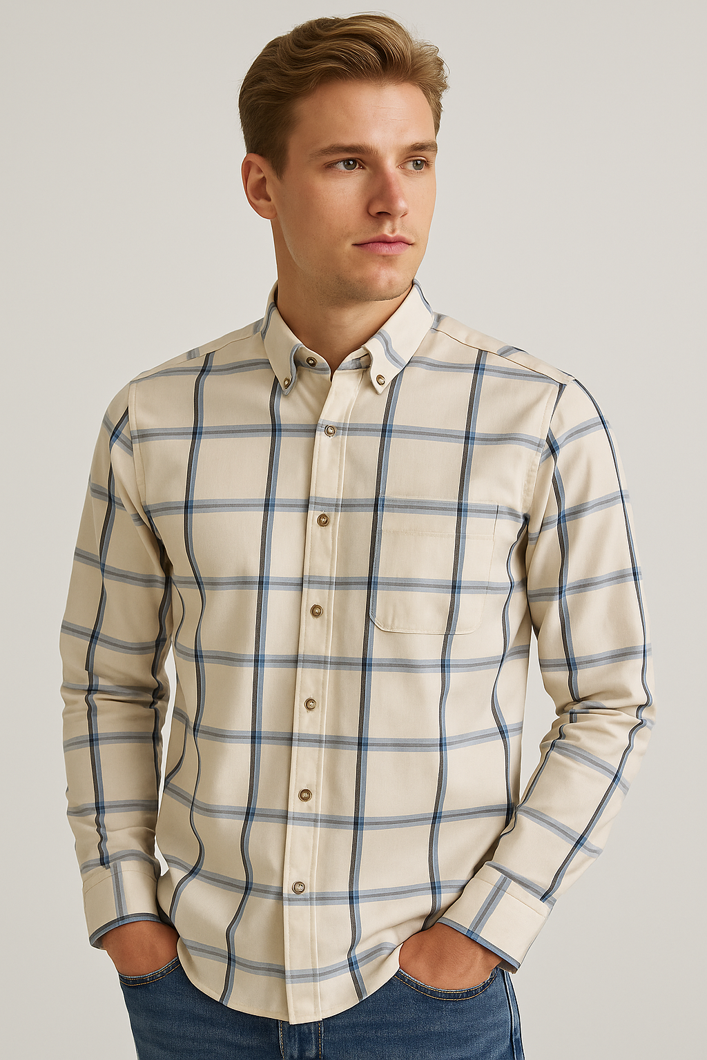 Camisas Para Hombre Cuadros Button Down B55106 Beige