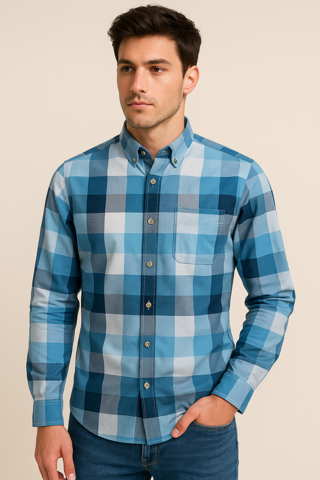 Camisas Para Hombre Manga Larga Cuadros Soft B55107 Azul