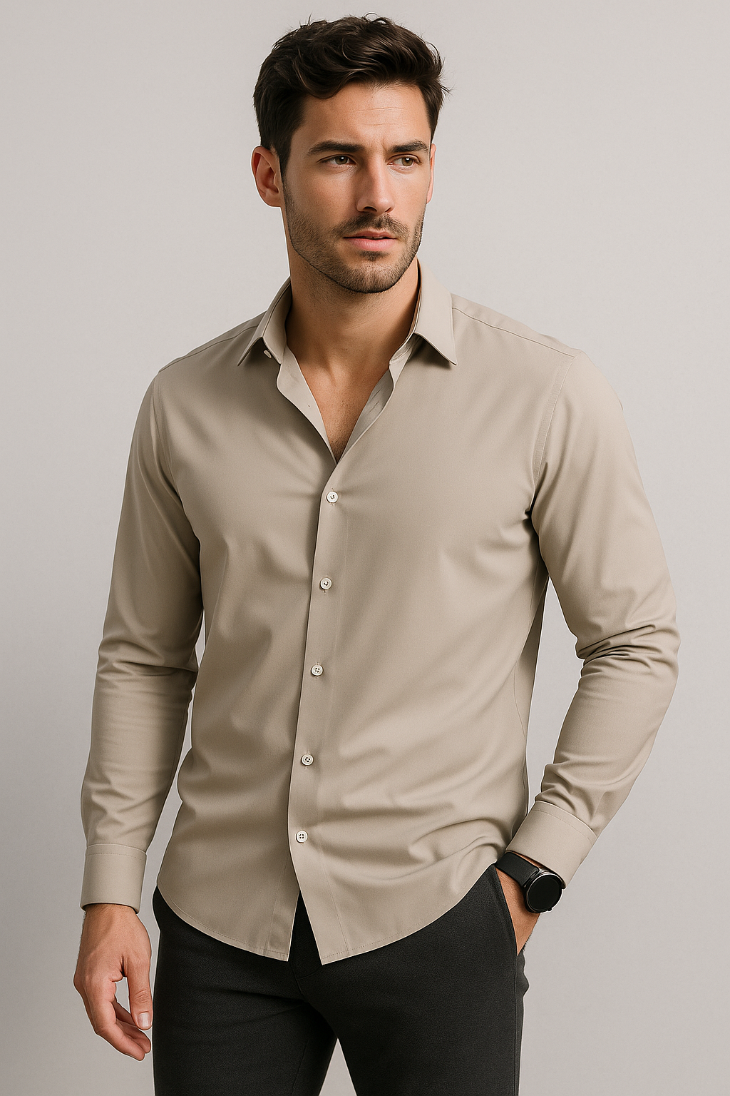Camisas Para Hombre Premium Spandex B55401 Beige