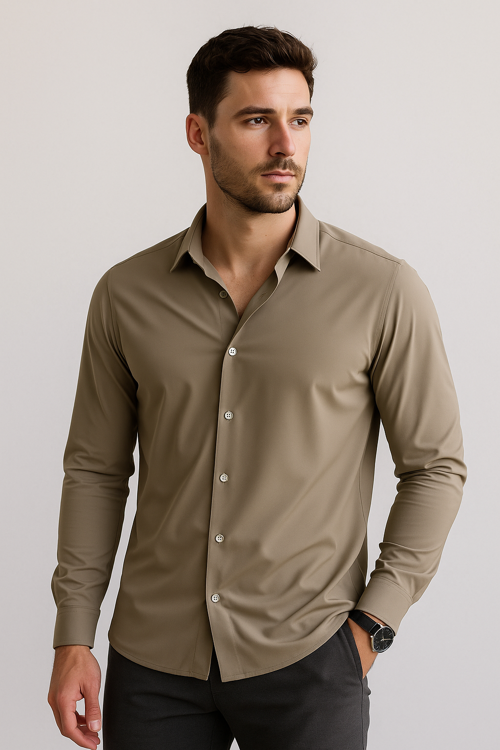 Camisas Para Hombre Premium Spandex B55401 Kaki