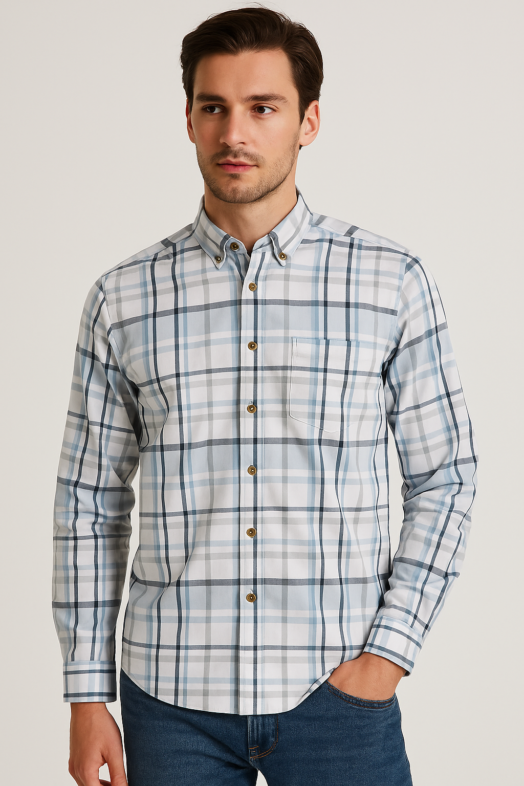 Camisas Para Hombre Cuadros Button Down B55101 Blanco