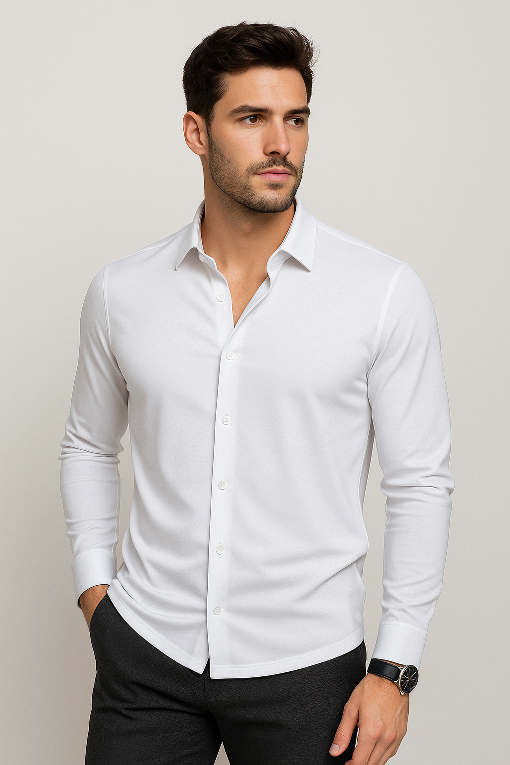 Camisas Para Hombre Jersey Spandex De Punto B55402 Blanco