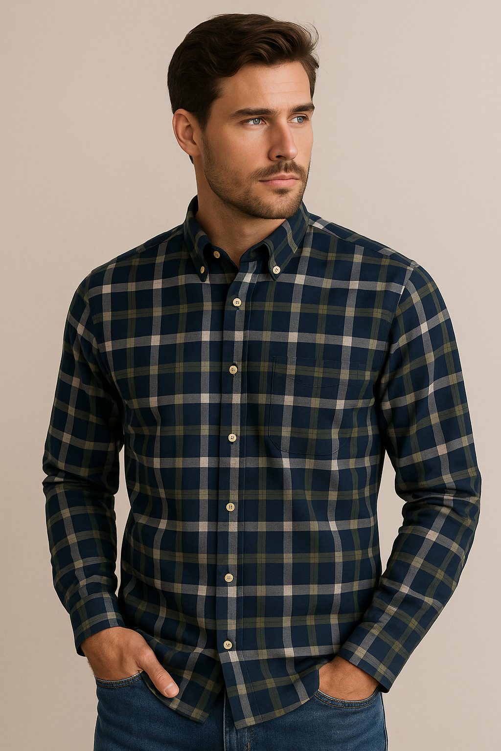 Camisas Para Hombre Clásica De Cuadros Con Textura Ligera B55109 Marino