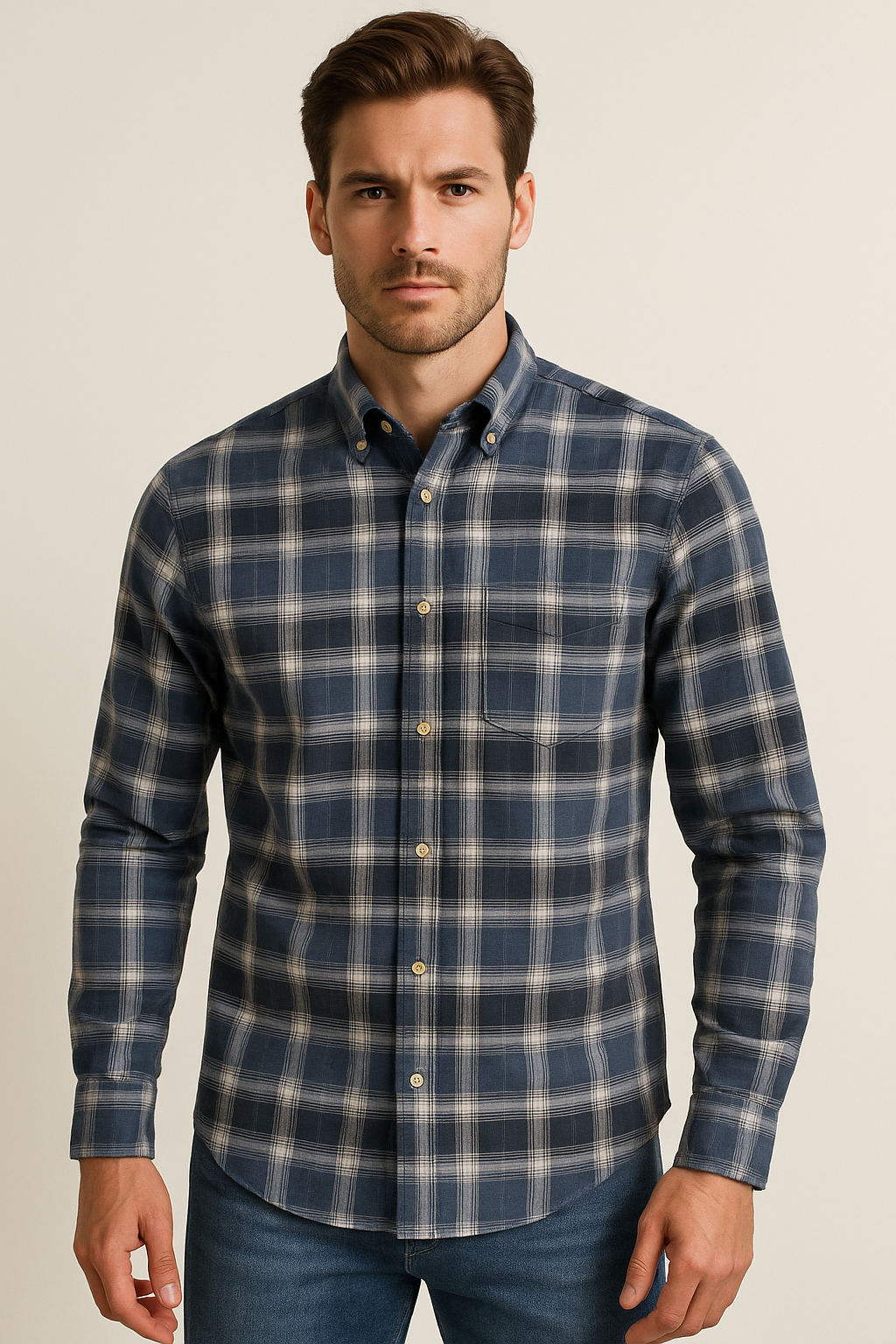 Camisas Para Hombre Clásica De Cuadros Con Textura Ligera B55110 Gris