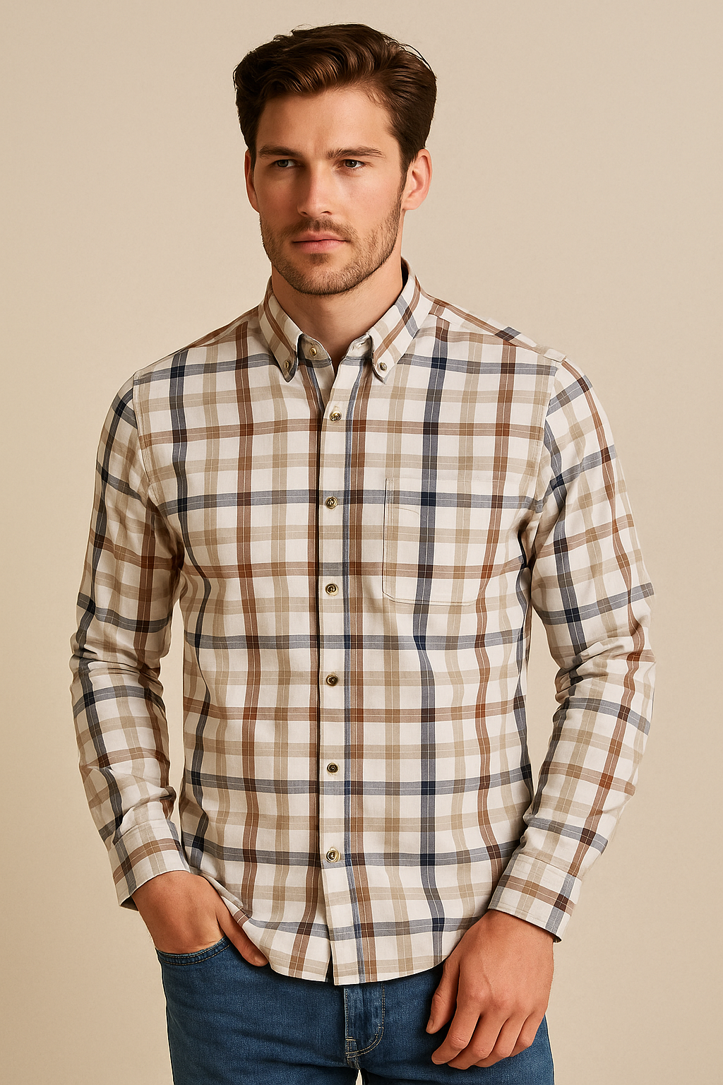 Camisas Para Hombre Clásica De Cuadros Con Textura Ligera B55109 Beige