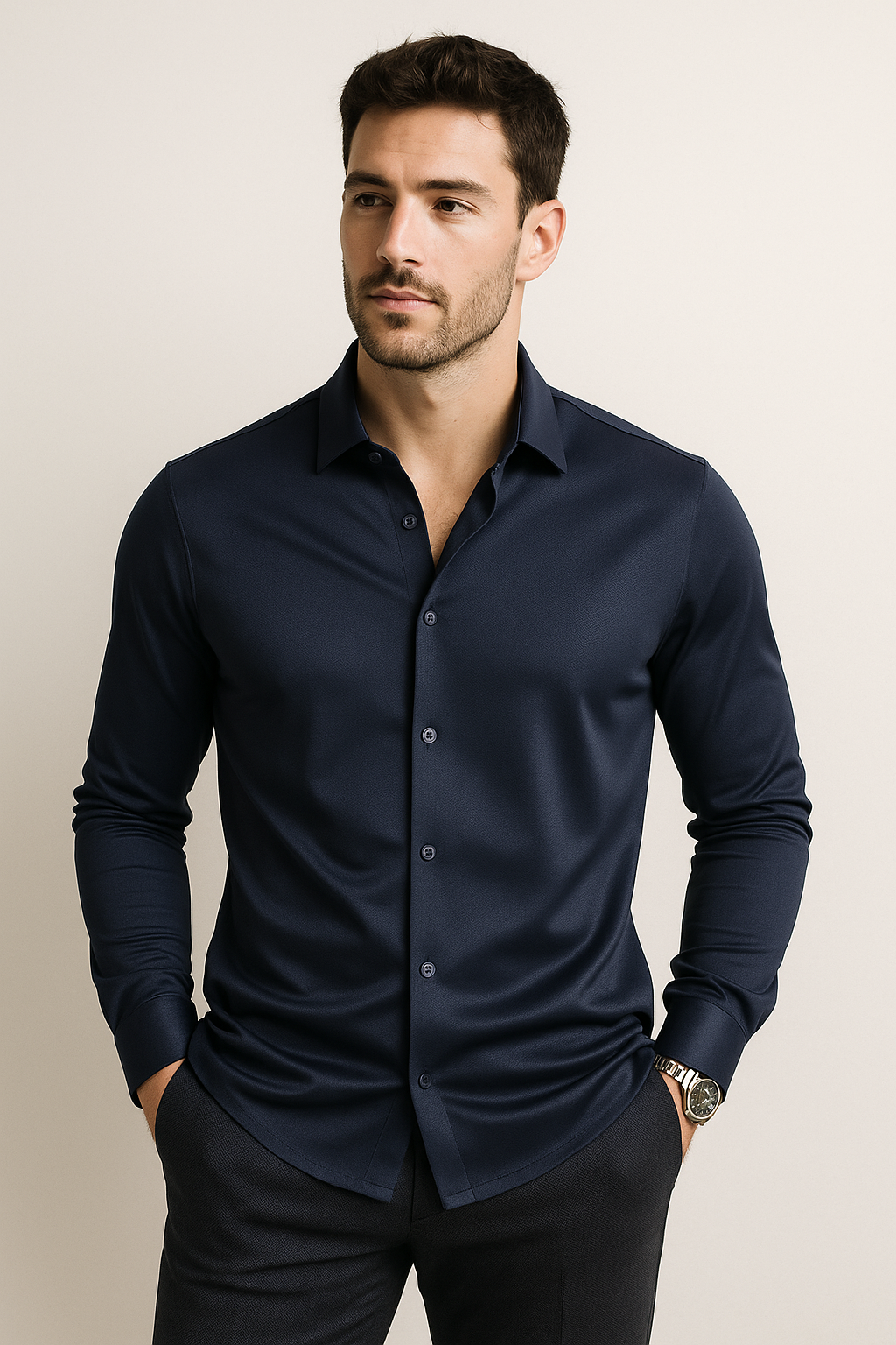 Camisas Para Hombre Piqué De Punto Super Stretch Non Iron B55405 Marino