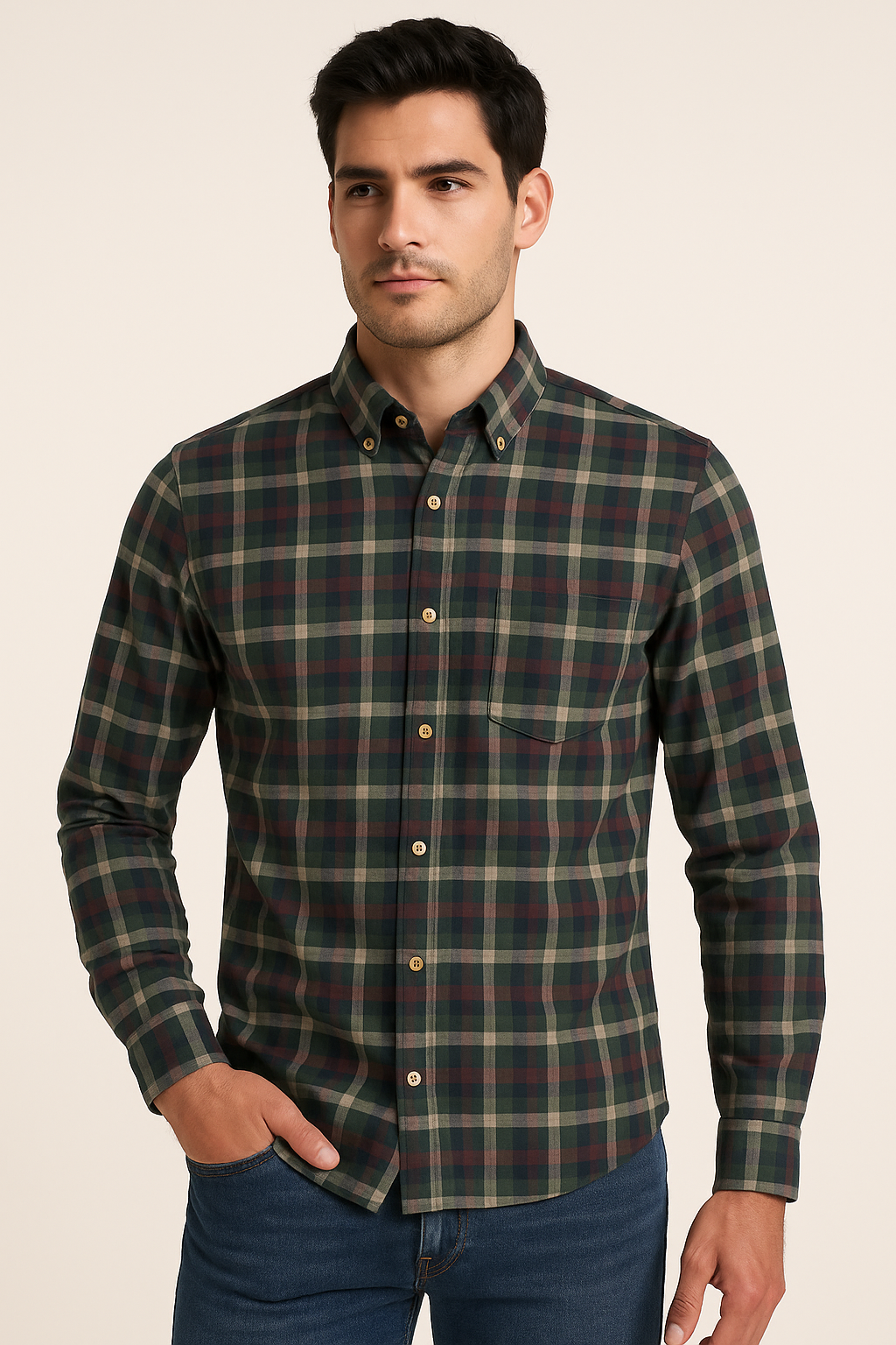 Camisas Para Hombre Clásica De Cuadros Con Textura Ligera B55111 Militar