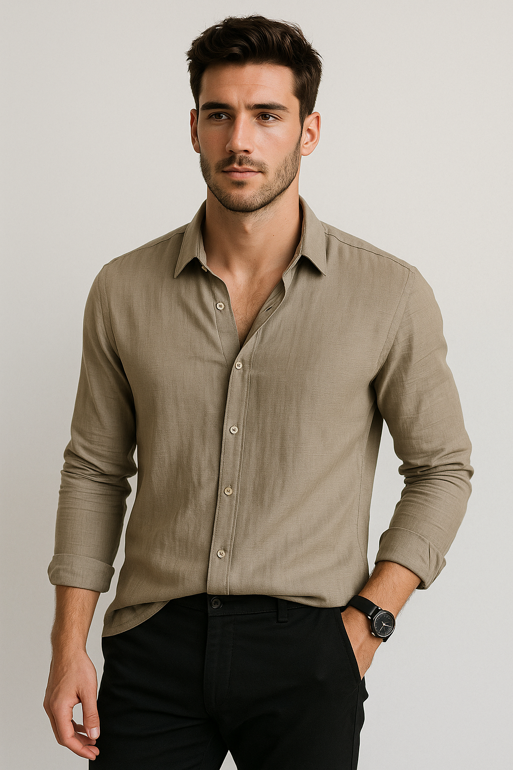 Camisas Para Hombre Manga Larga Nylon Con Lino B55407 Kaki