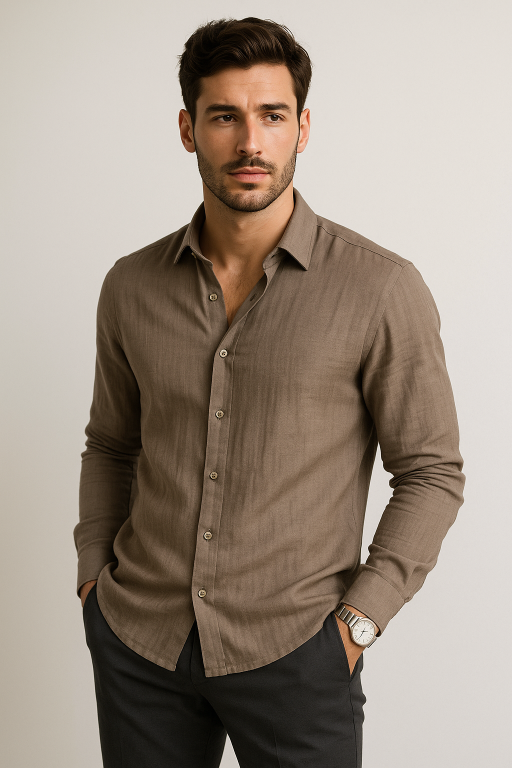 Camisas Para Hombre Manga Larga Nylon Con Lino B55407 Camel