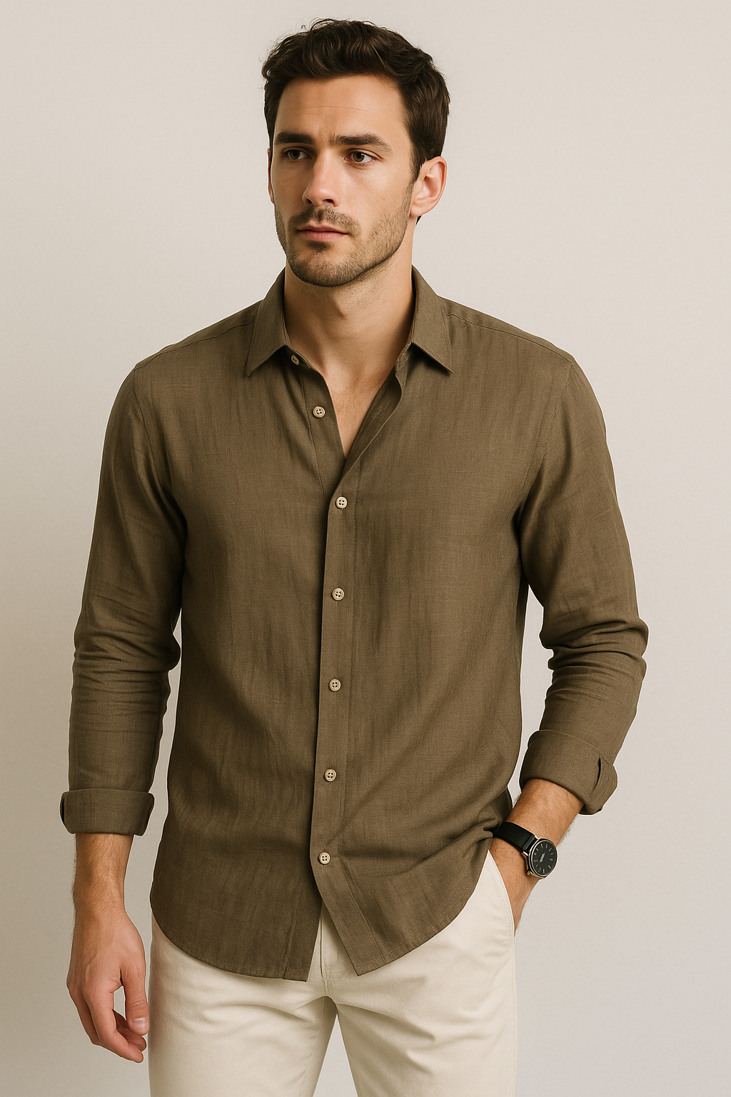 Camisas Para Hombre Manga Larga Nylon Con Lino B55407 Olivo