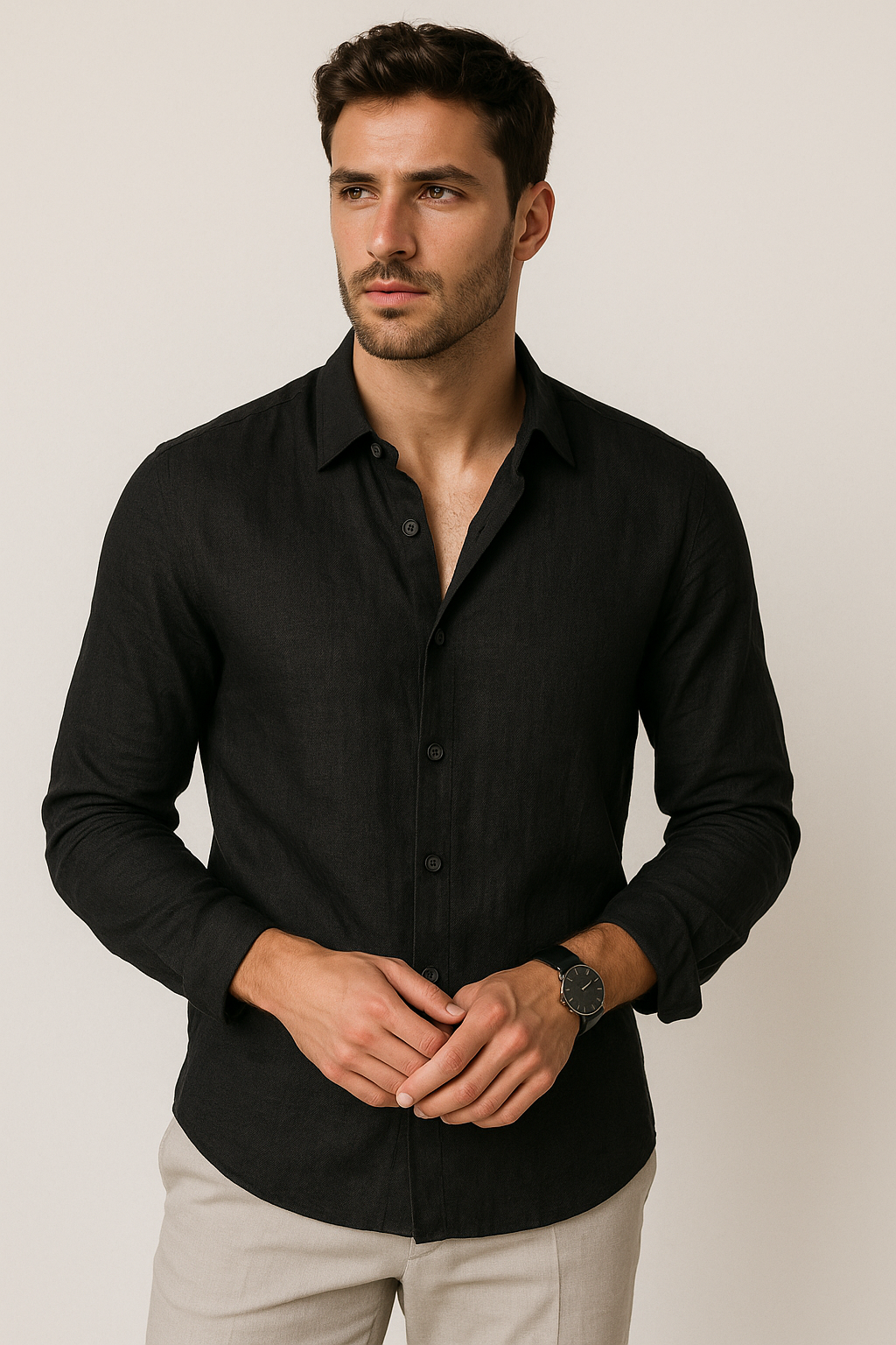 Camisas Para Hombre Manga Larga Nylon Con Lino B55407 Negro