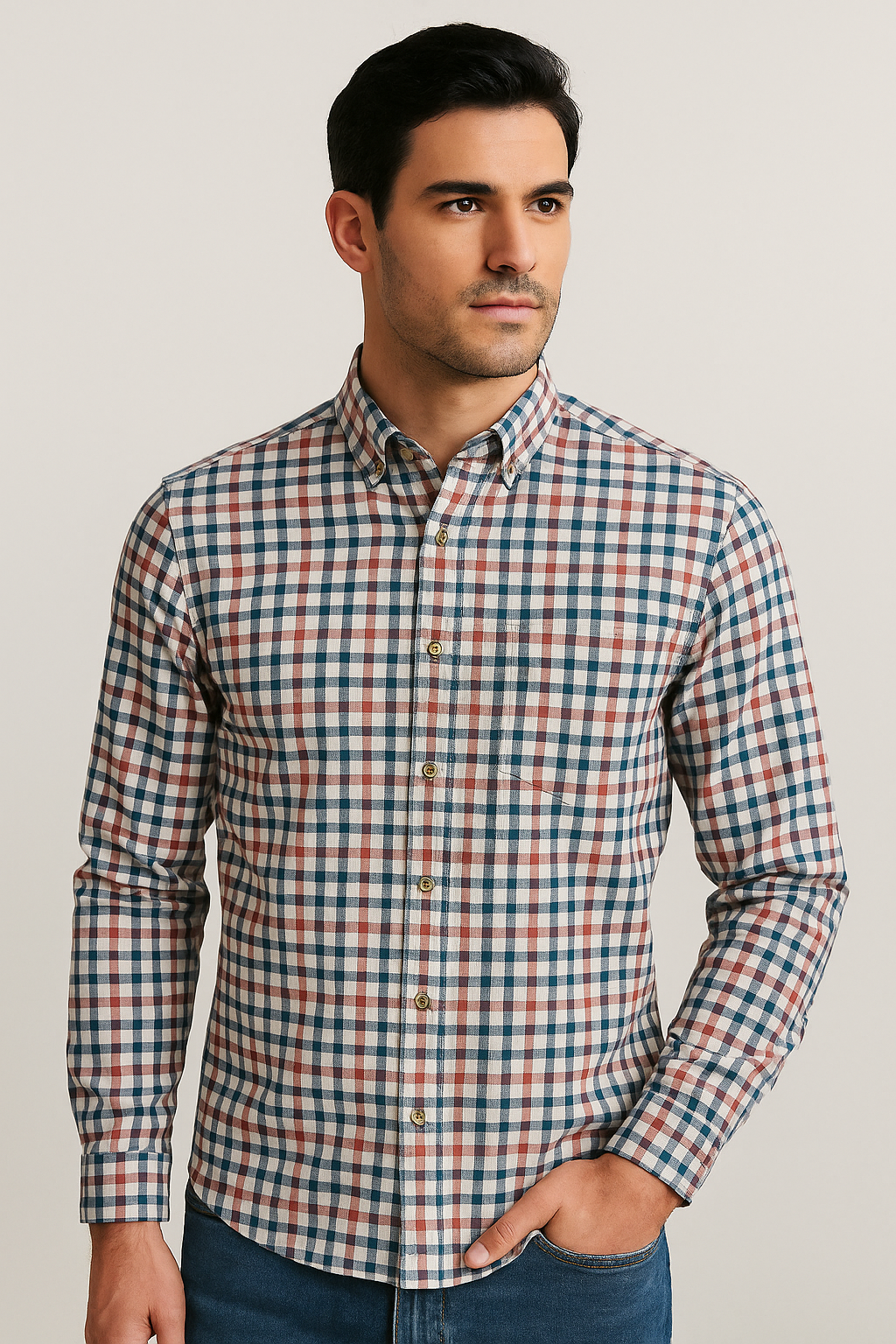 Camisas Para Hombre Clásica De Cuadros Con Textura Ligera B55111 Beige