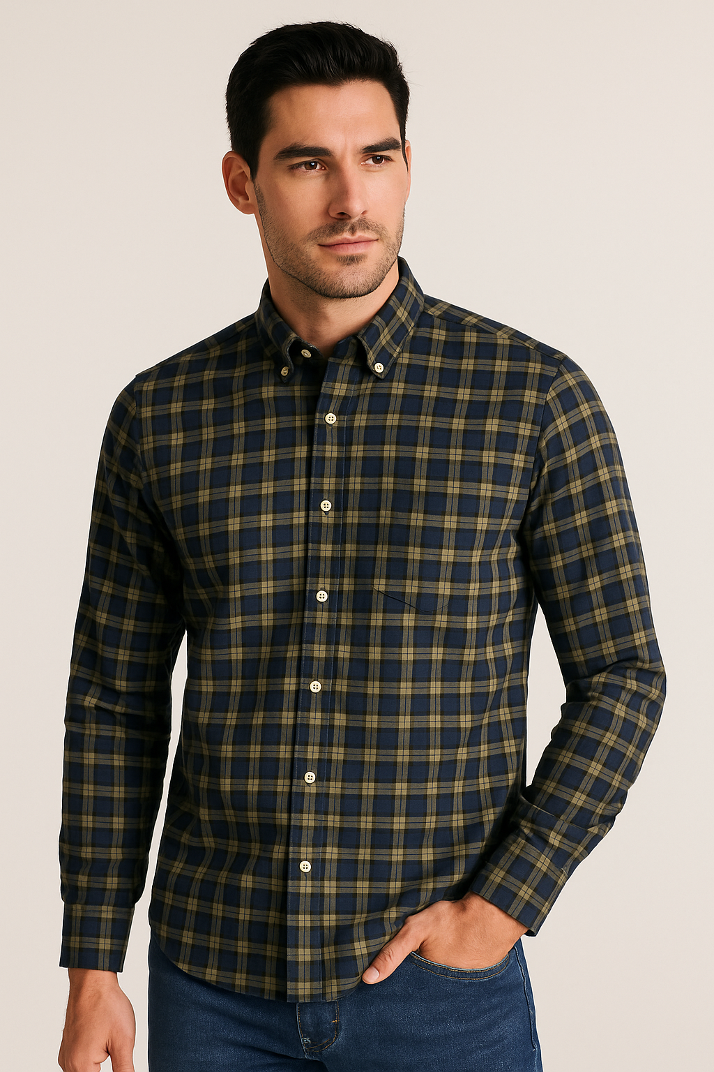 Camisas Para Hombre Oxford De Cuadros B55120 Olivo