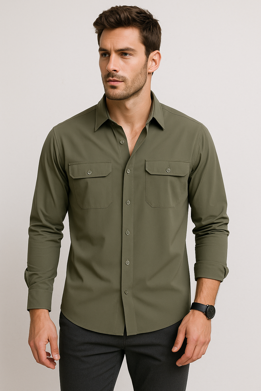 Camisas Para Hombre Premium Lisa Con Bolsillos B55410 Olivo