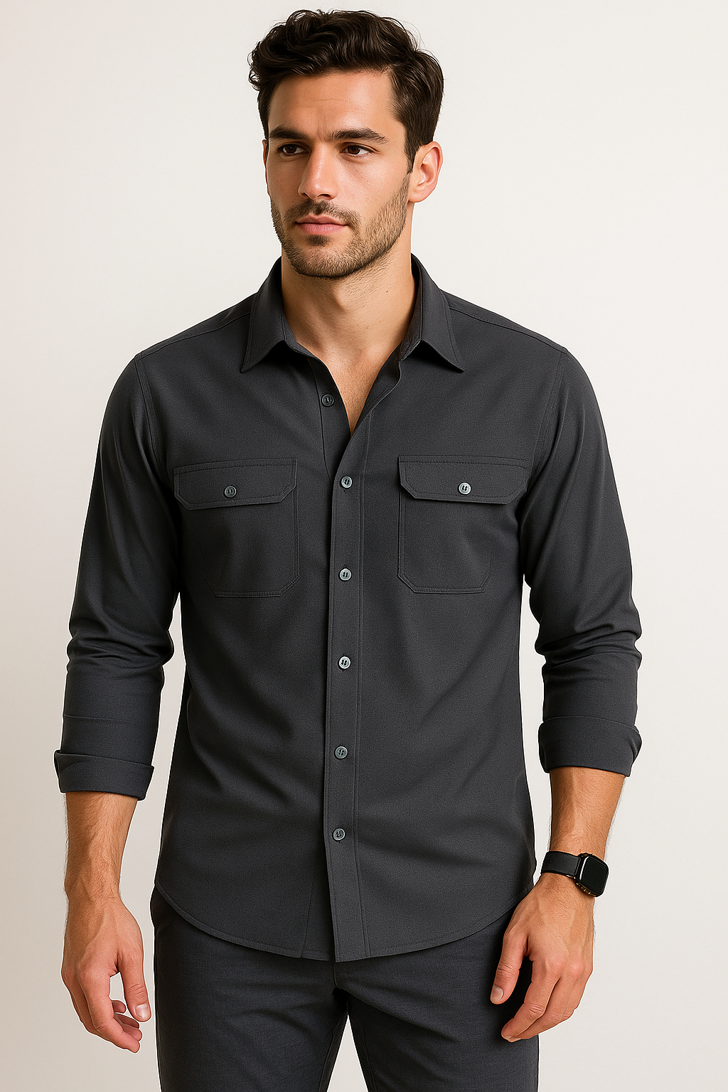 Camisas Para Hombre Premium Lisa Con Bolsillos B55410 Negro
