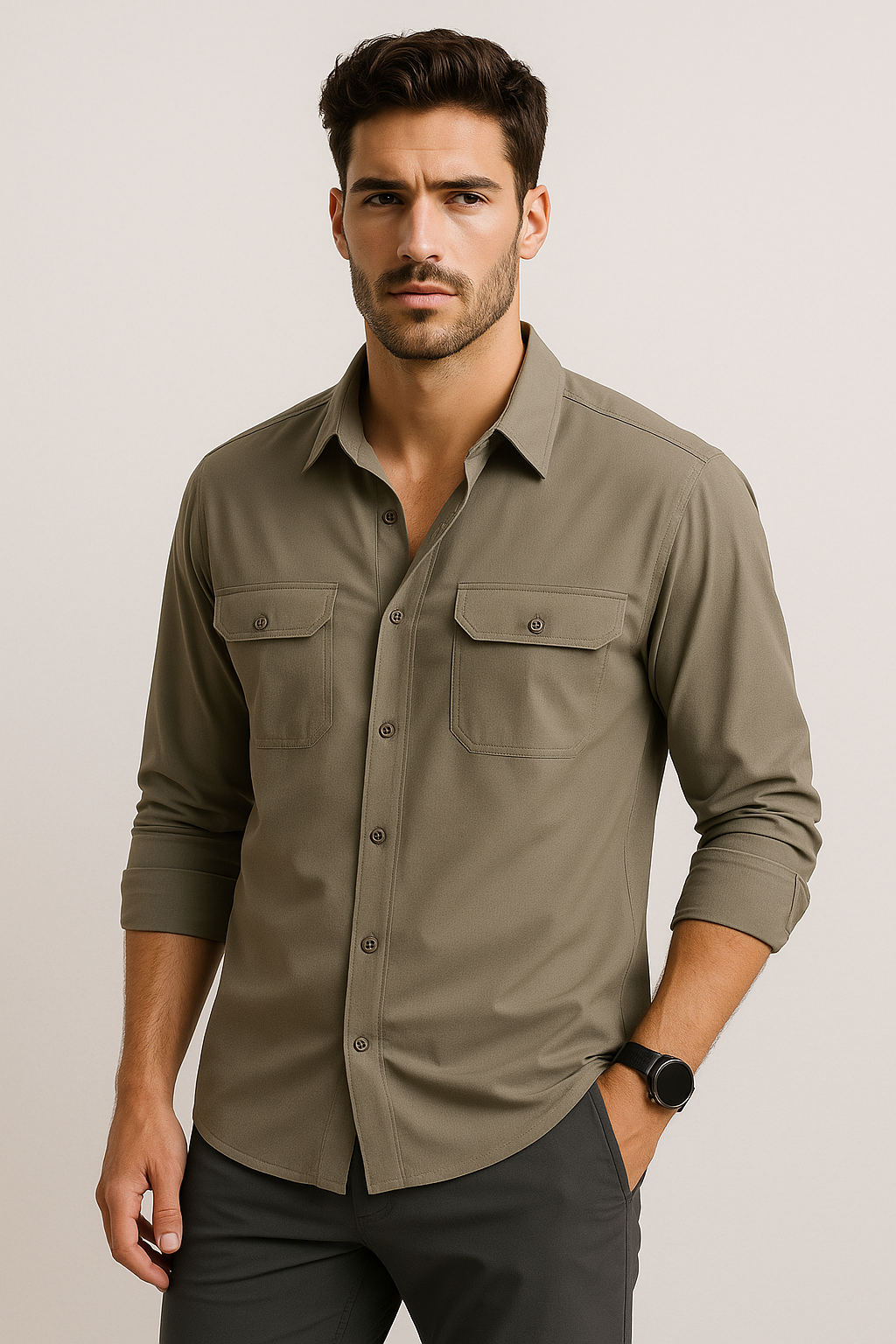 Camisas Para Hombre Premium Lisa Con Bolsillos B55410 Kaki