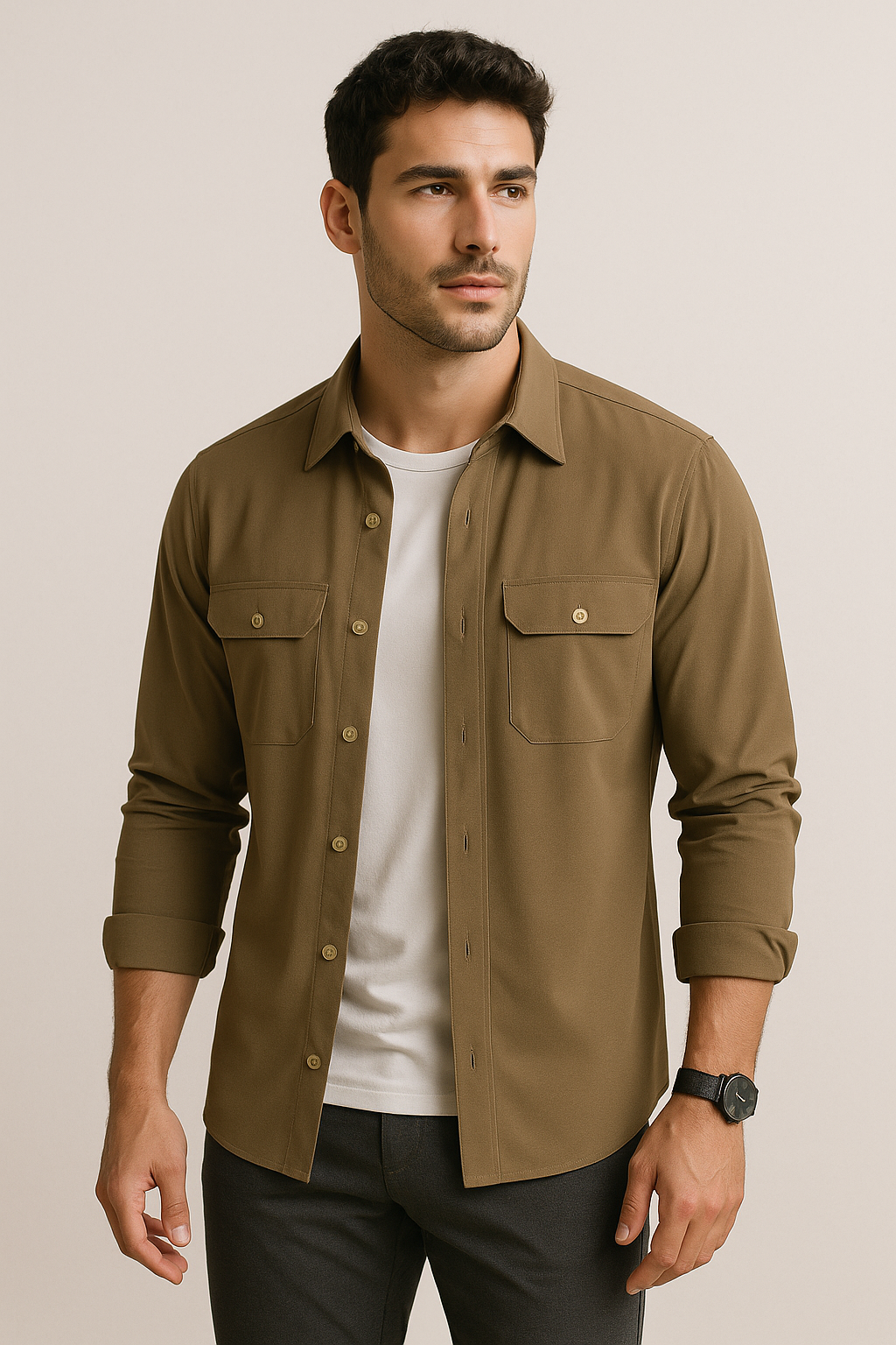 Camisas Para Hombre Premium Lisa Con Bolsillos B55410 Camel