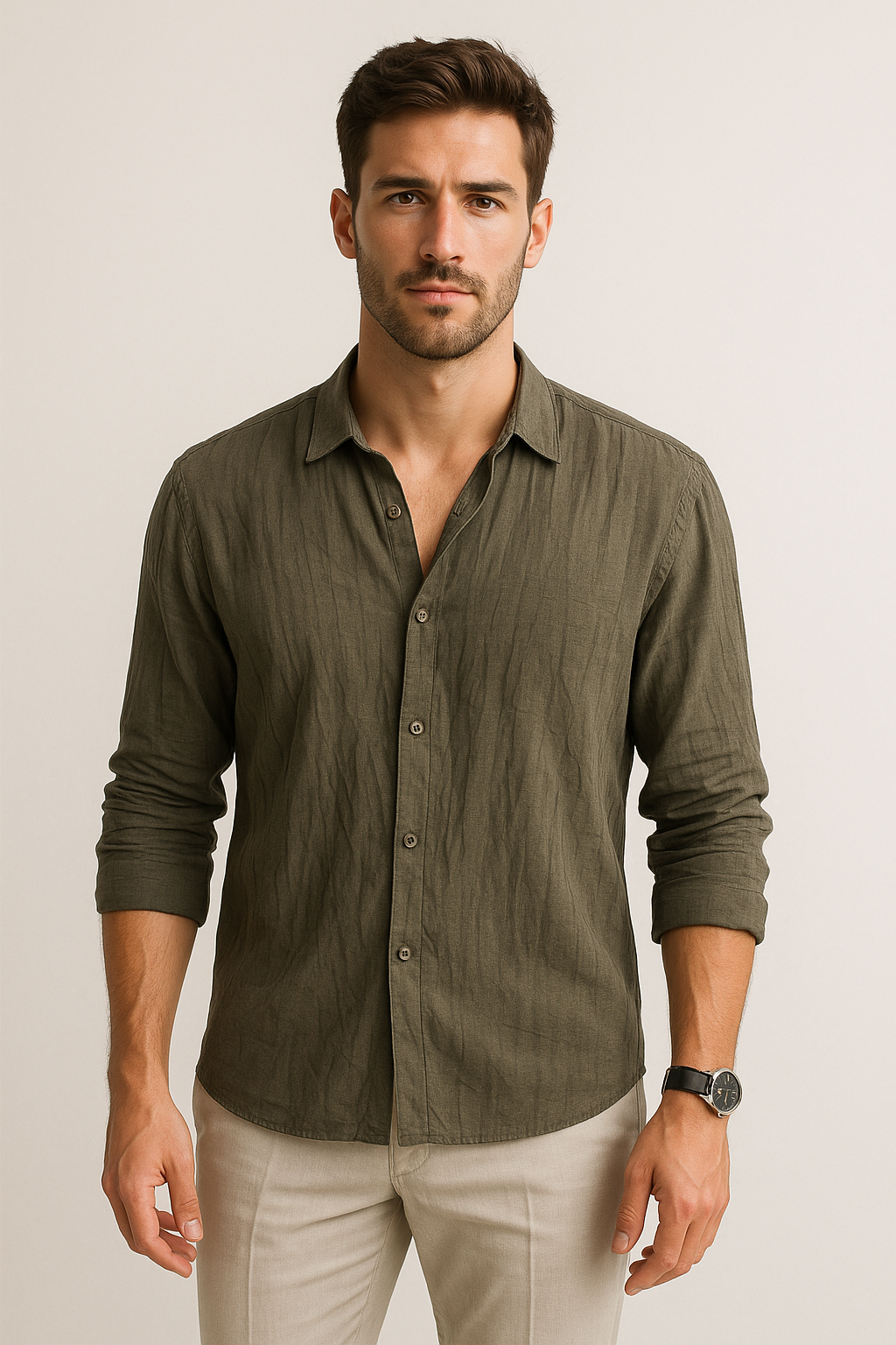 Camisas Para Hombre Manga Larga Tencel Con Lino B55409 Olivo