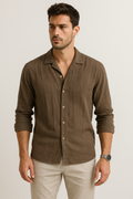 Camisas Para Hombre Manga Larga Tencel Con Lino B55409 Cafe