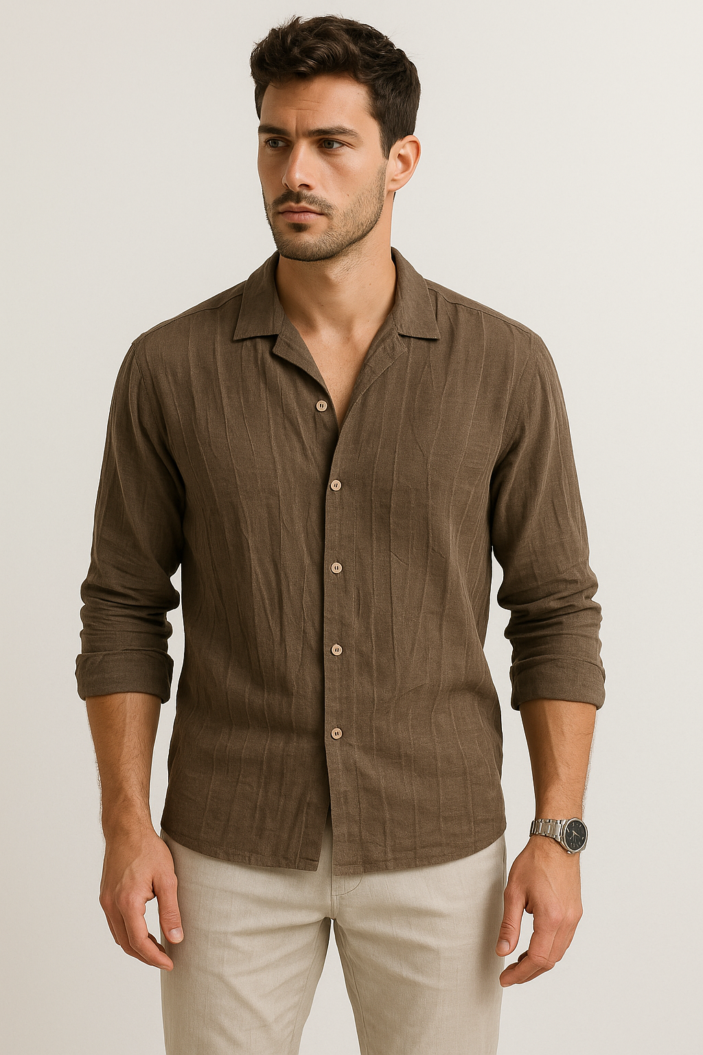 Camisas Para Hombre Manga Larga Tencel Con Lino B55409 Cafe