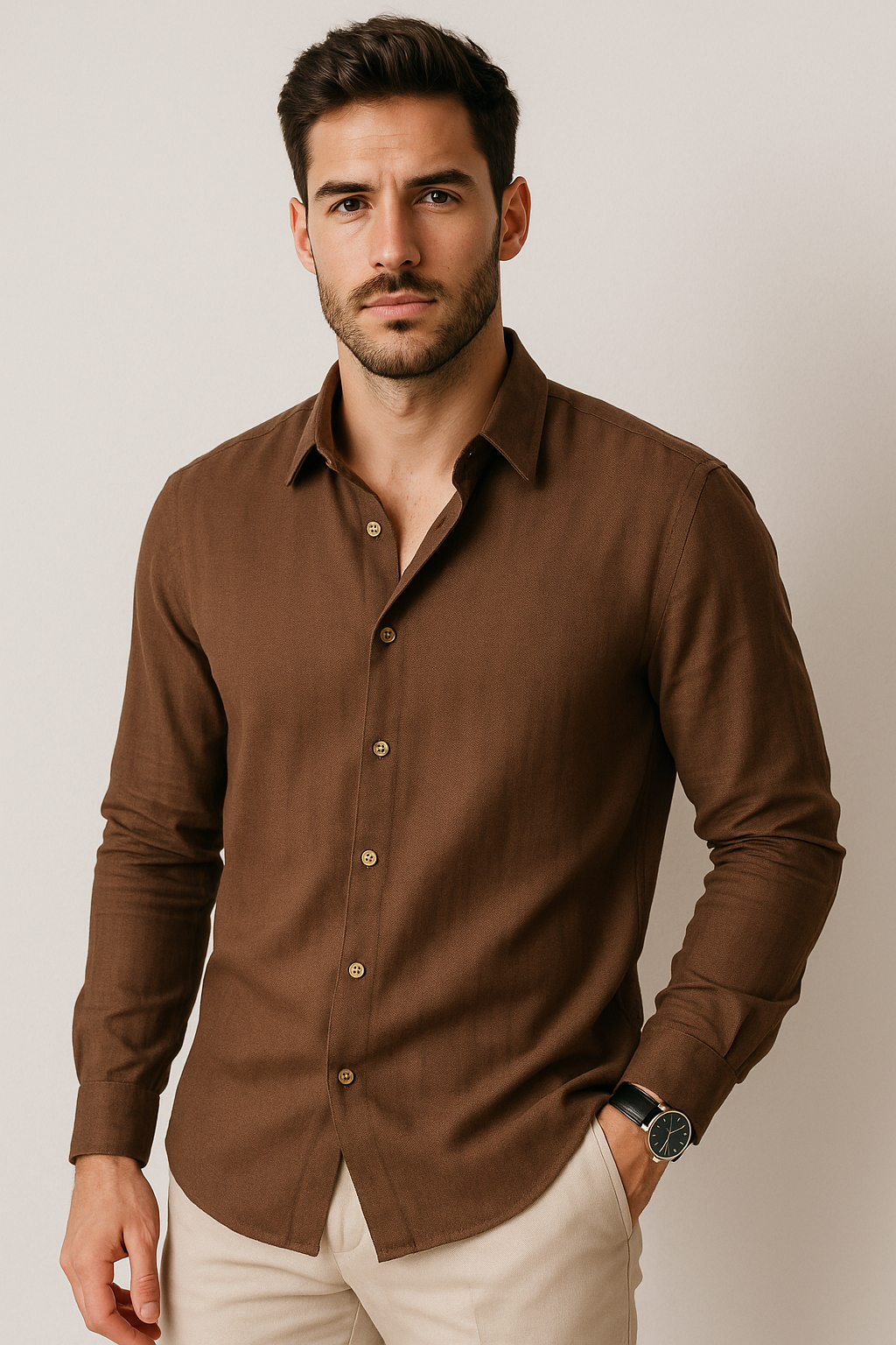 Camisas Para Hombre Manga Larga Nylon Con Lino B55407 Cafe