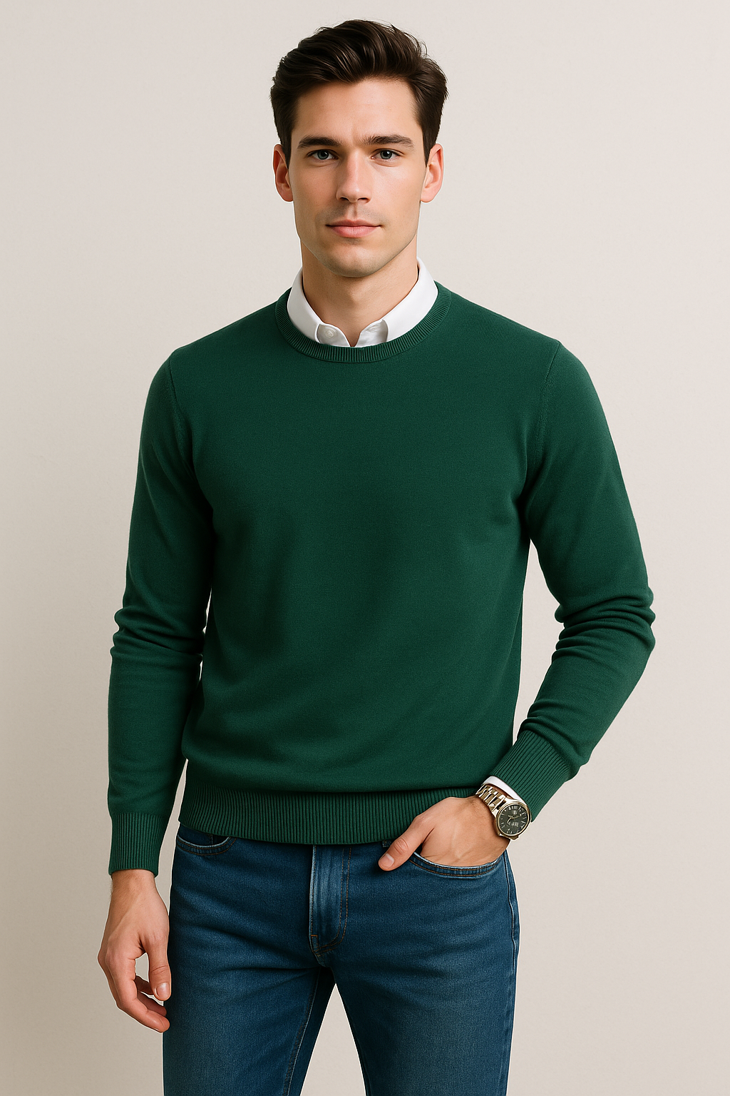 Suéteres Para Hombre Básico de Punto Fino E55301 Verde