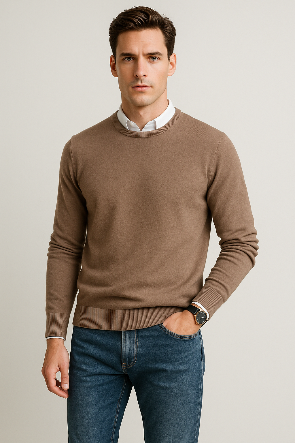 Suéteres Para Hombre Básico de Punto Fino E55301 Topo