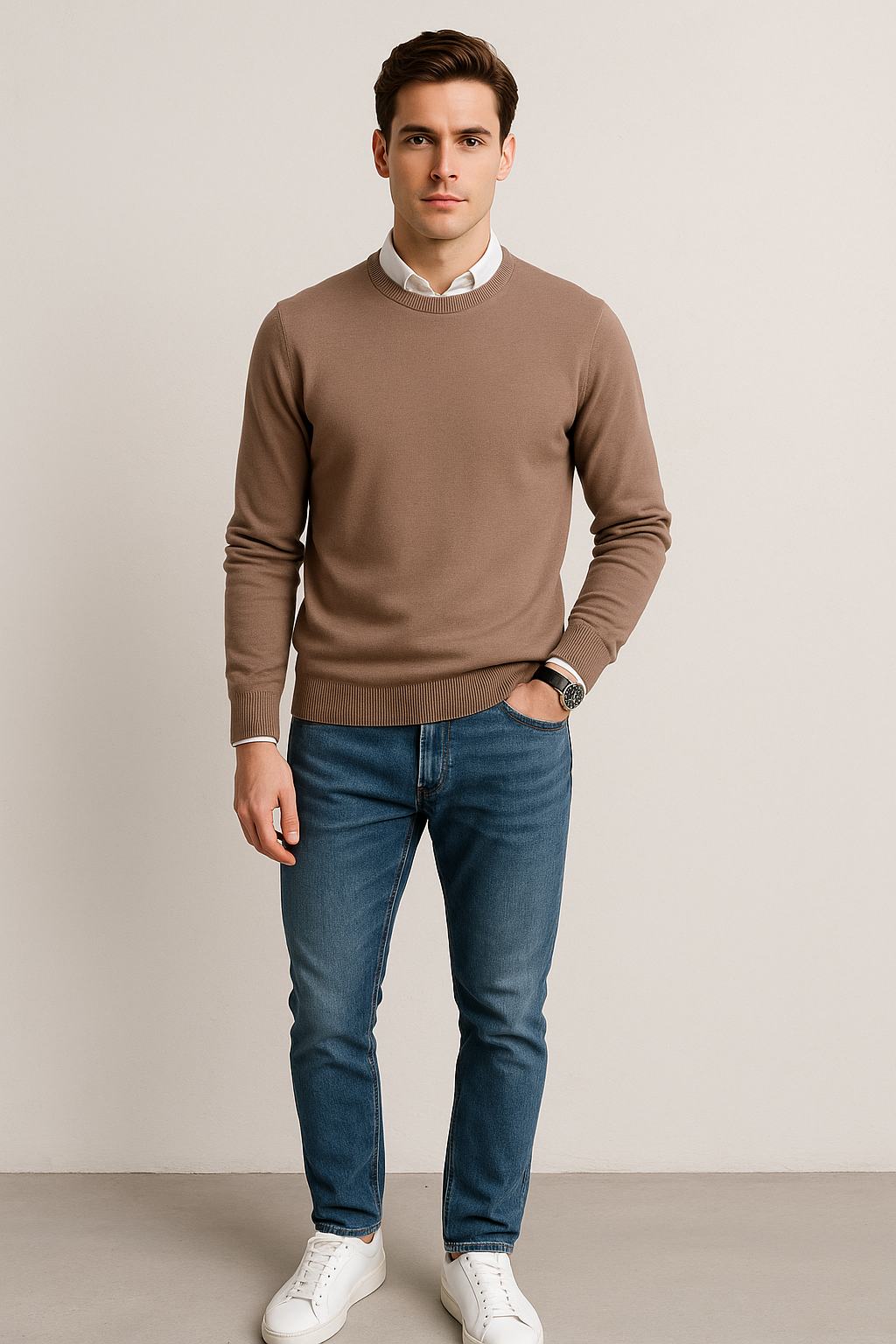 Suéteres Para Hombre Básico de Punto Fino E55301 Topo