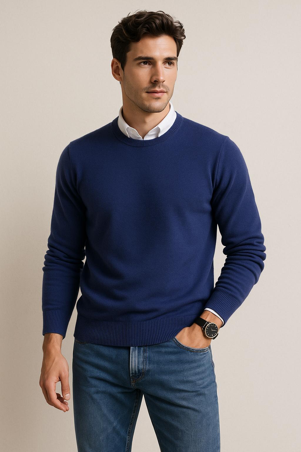 Suéteres Para Hombre Básico de Punto Fino E55301 Marino