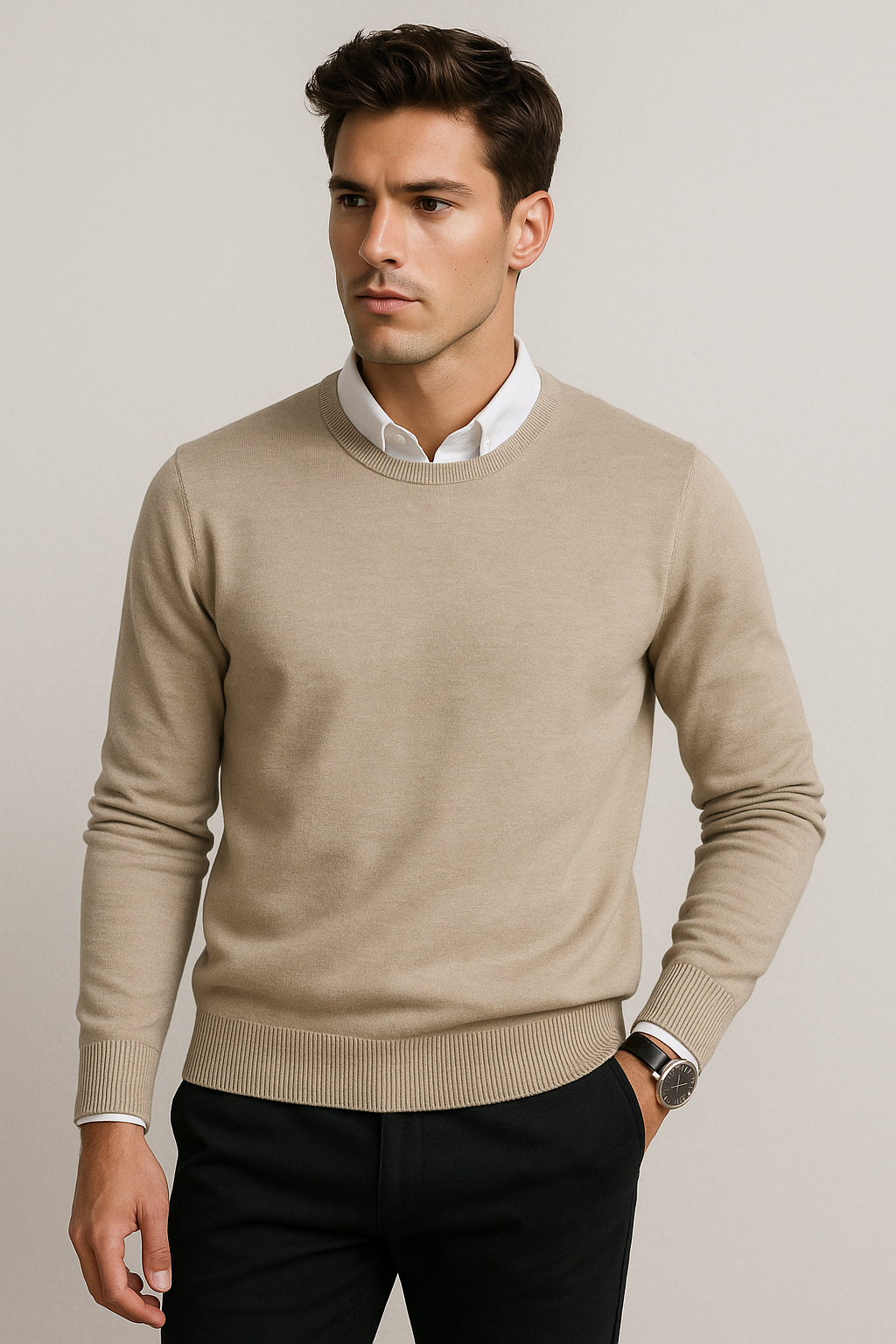 Suéteres Para Hombre Básico de Punto Fino E55301 Beige