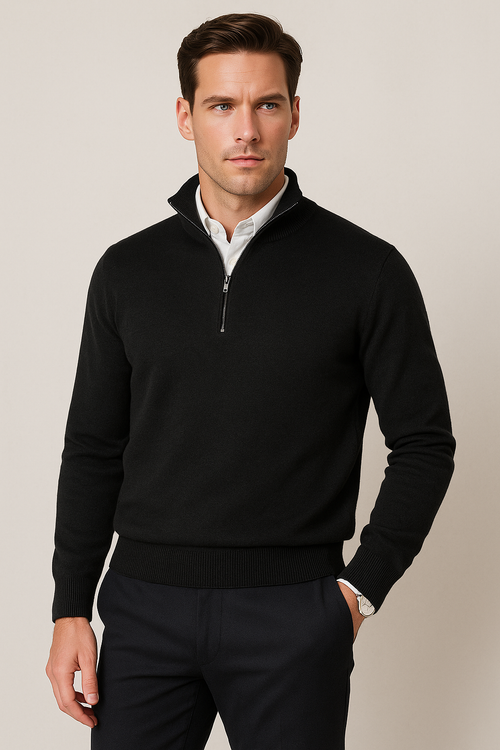 Suéteres Para Hombre De Punto Cuello Alto y Cremallera E55302 Negro