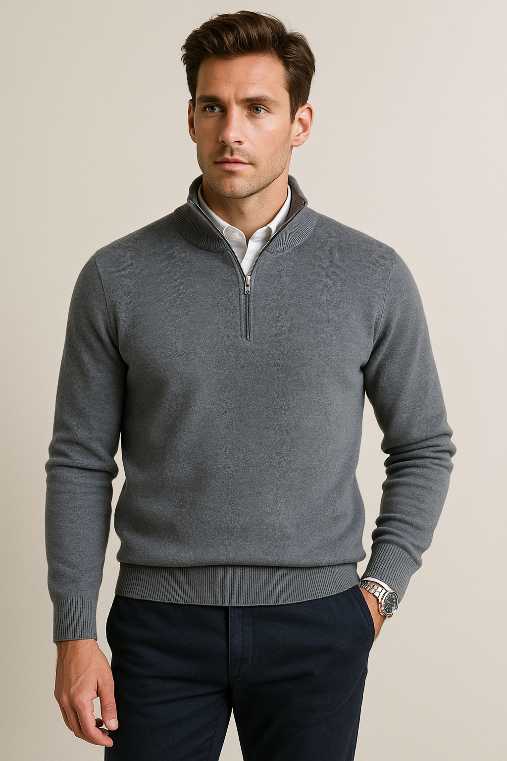 Suéteres Para Hombre De Punto Cuello Alto y Cremallera E55302 Gris