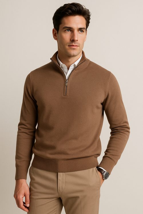 Suéteres Para Hombre De Punto Cuello Alto y Cremallera E55302 Topo