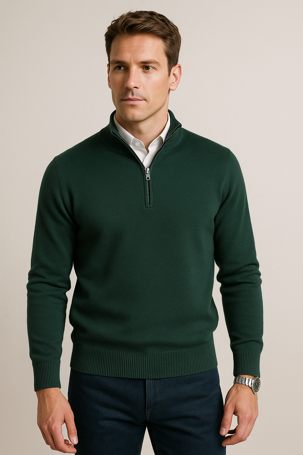 Suéteres Para Hombre De Punto Cuello Alto y Cremallera E55302 Verde