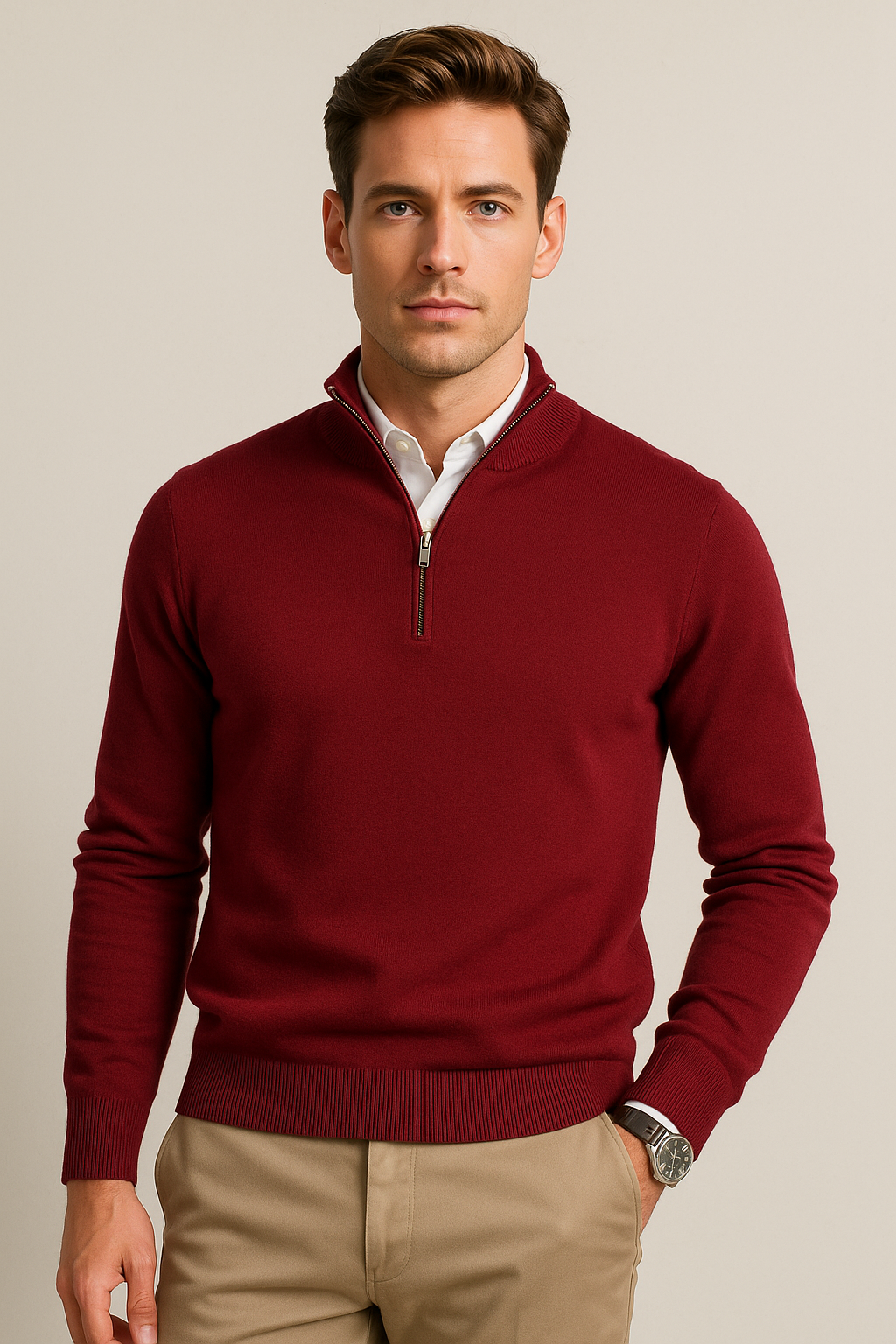 Suéteres Para Hombre De Punto Cuello Alto y Cremallera E55302 Vino