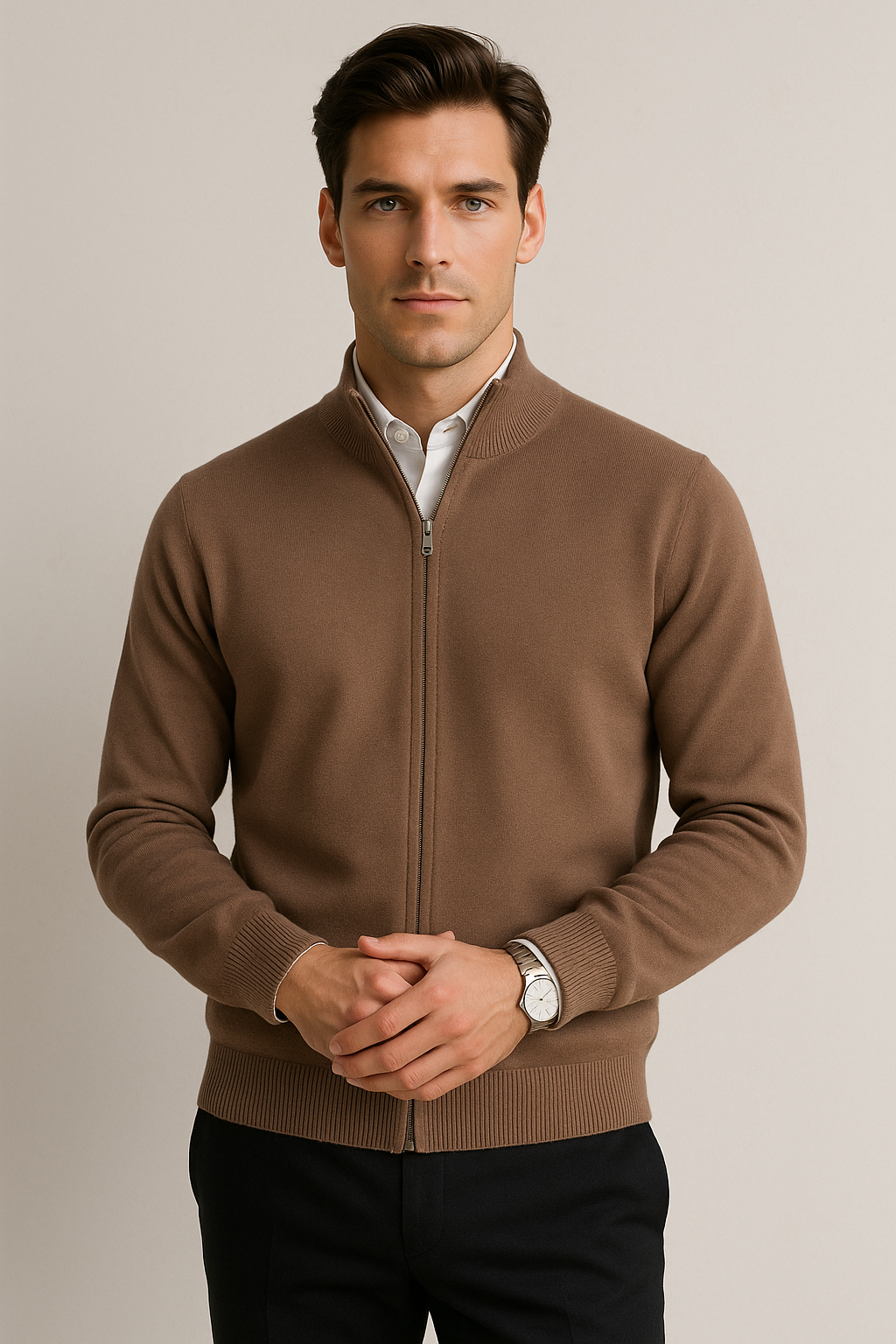 Suéteres Para Hombre De Punto Fino Básico Con Cierre E55304 Topo