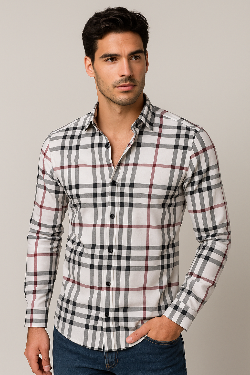Camisas Para Hombre Manga Larga Cuadros B55308 Blanco