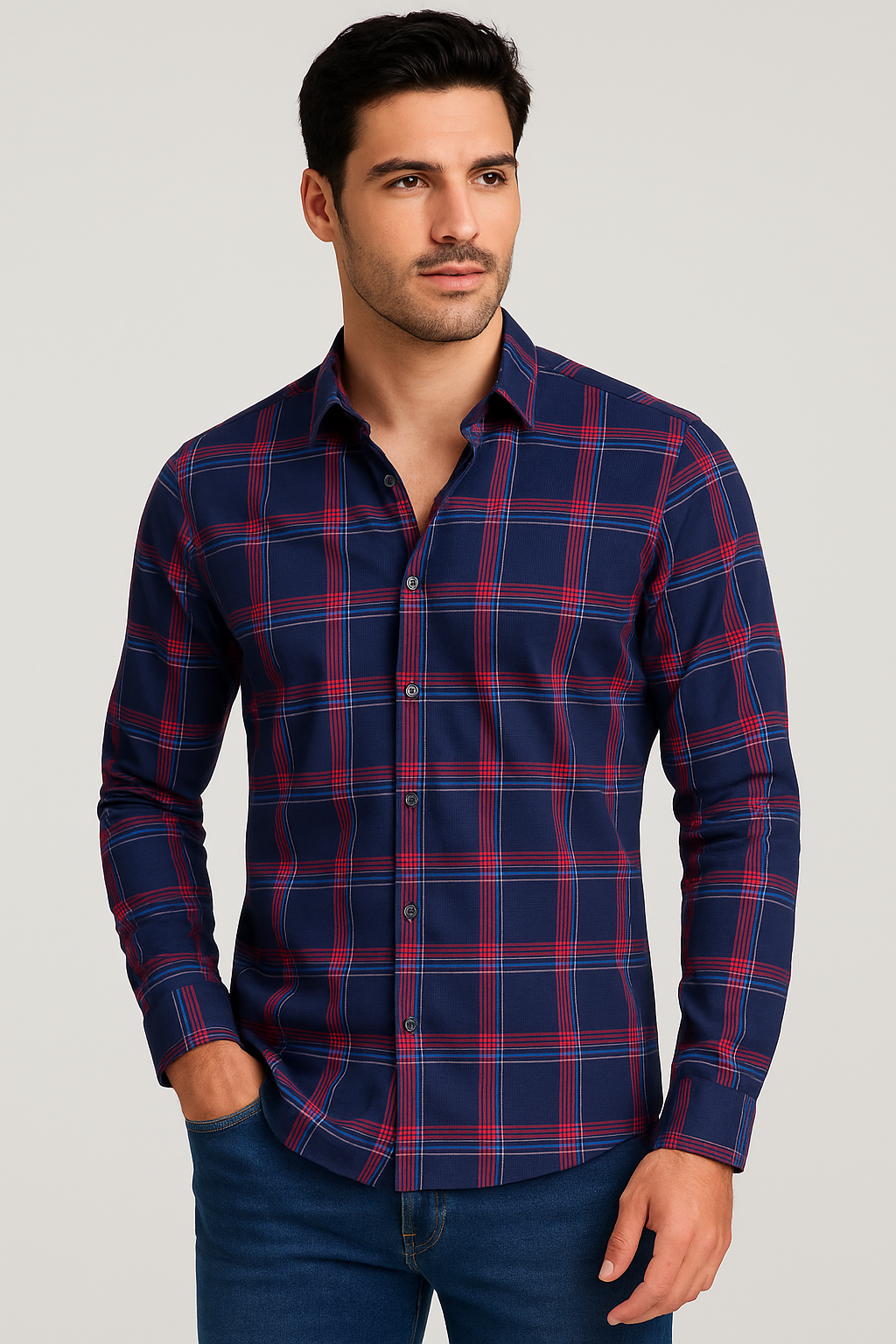 Camisas Para Hombre Manga Larga De Cuadros B55313 Marino