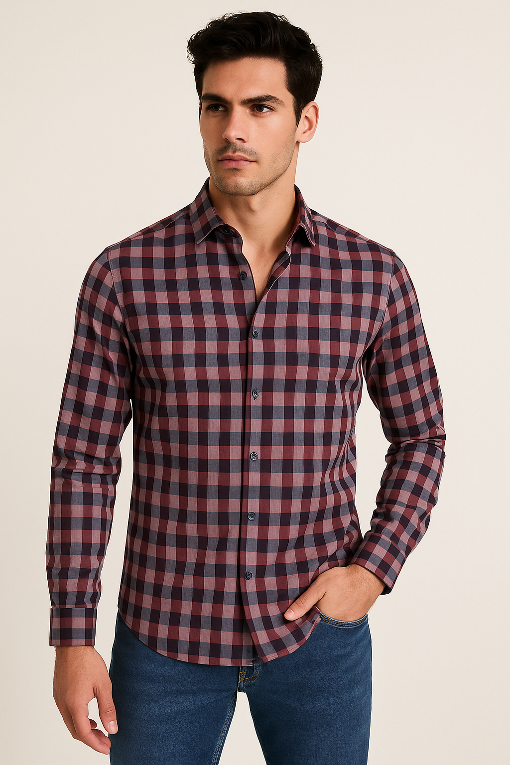 Camisas Para Hombre Elegante Manga Larga De Cuadros B55314 Vino