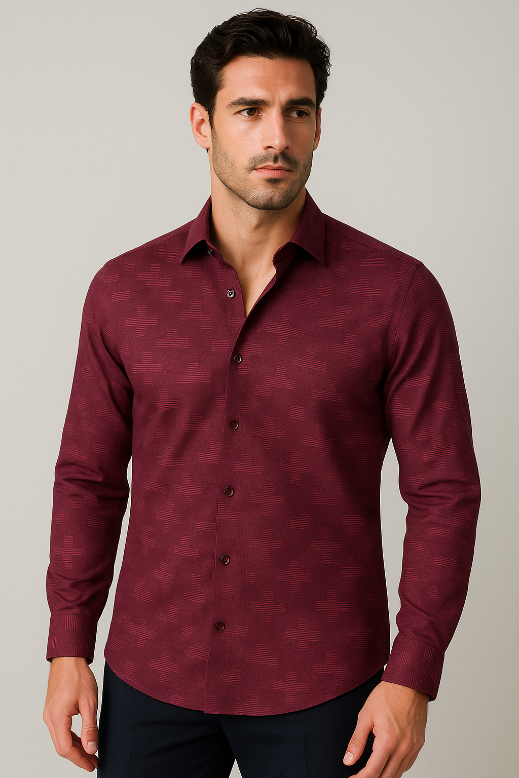 Camisas Para Hombre Jacquard Geométrica ML B55323 Vino