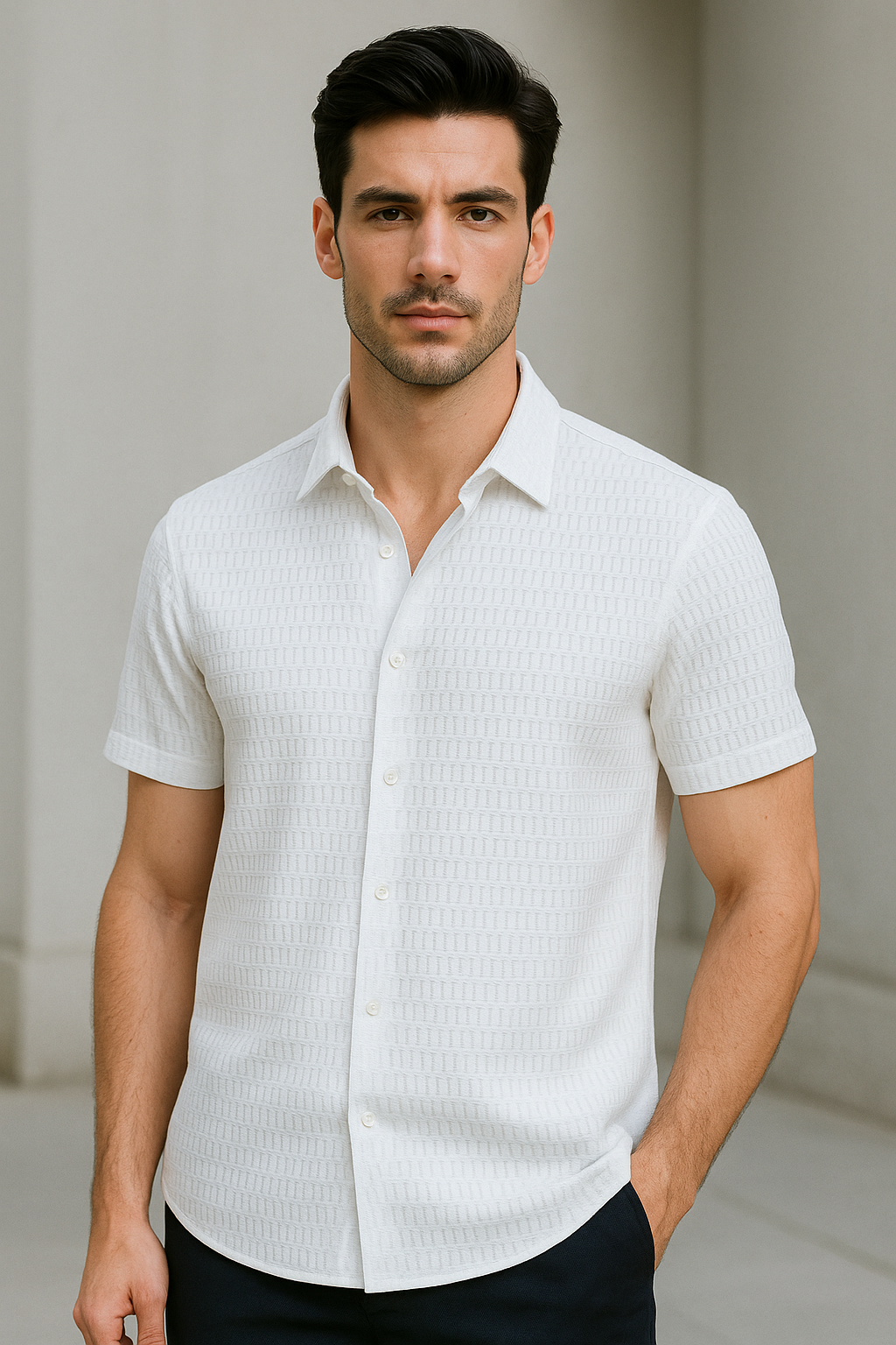 Camisas Para Hombre Manga Corta Con Textura B55357 Blanco