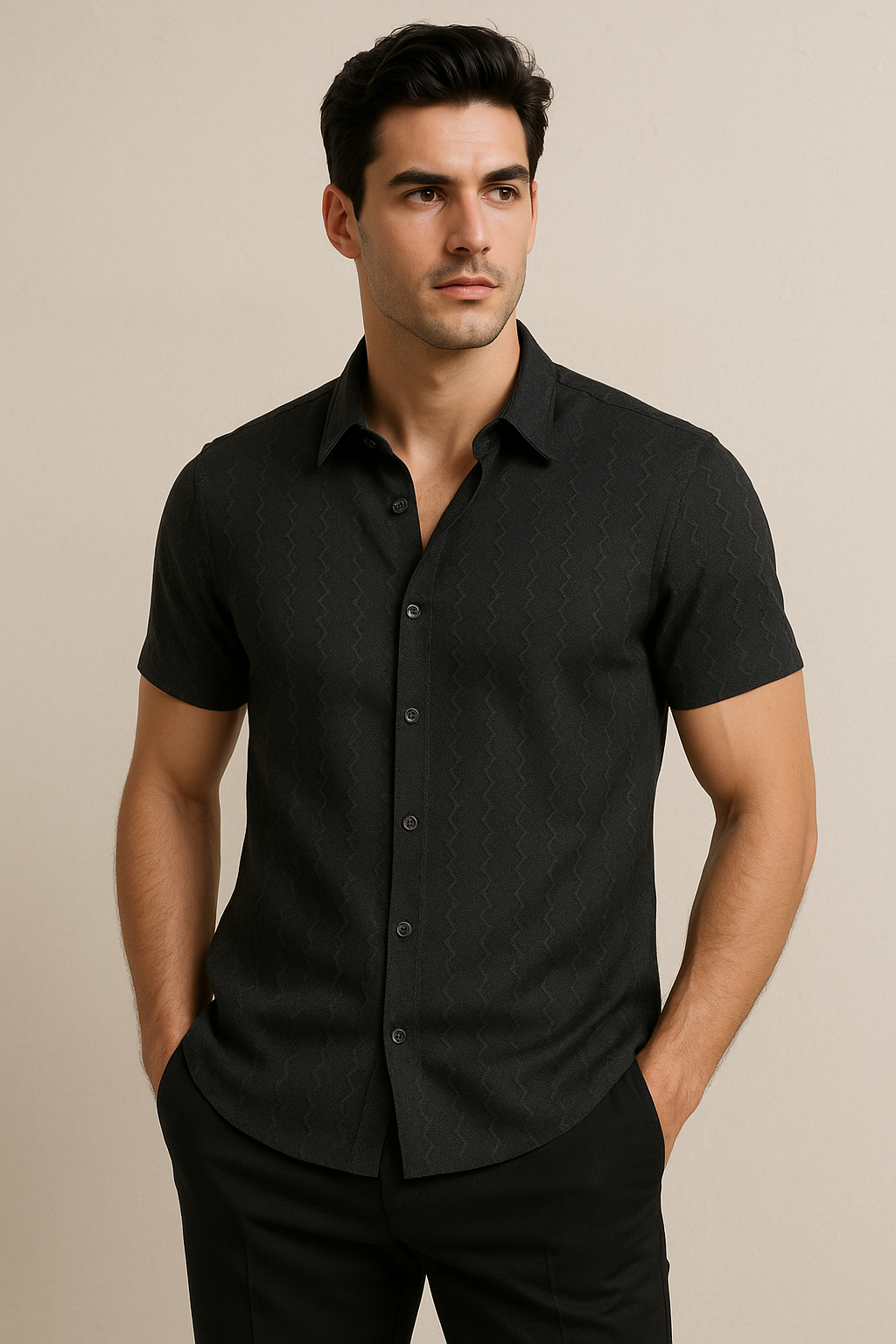 Camisas Para Hombre Estampado Zigzag B55356 Negro