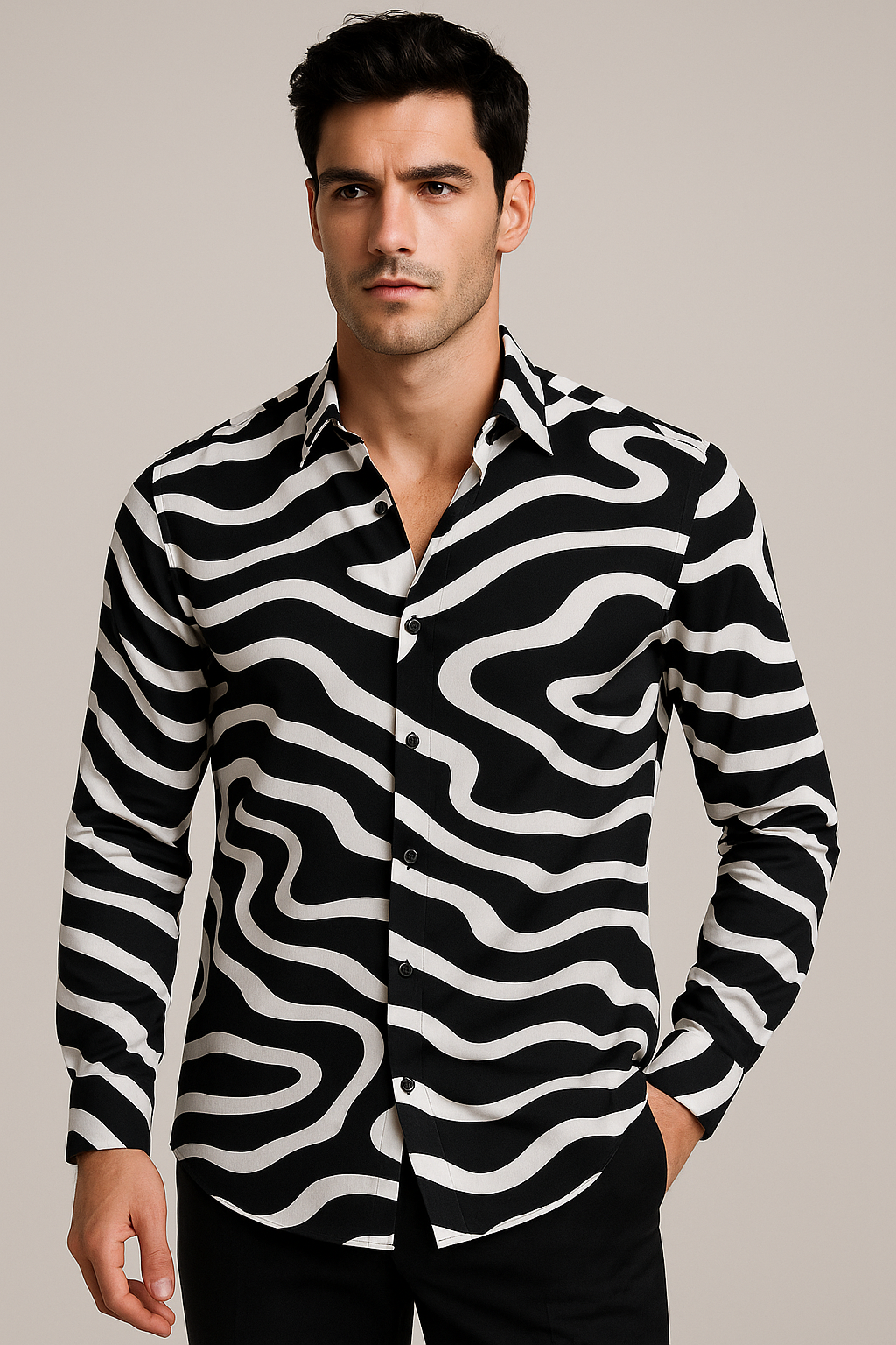 Camisas Para Hombre Estampado De Arte B55502 Blanco