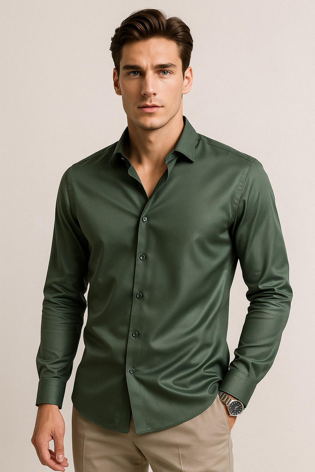 Camisas Para Hombre Satinada Stretch Formal BPOPSS Militar
