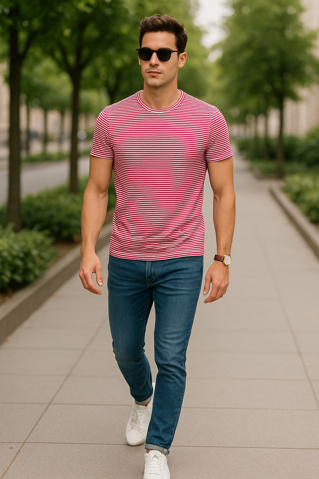 Playeras Para Hombre De Manga Corta Con Estampado De Micro Rayas A41111 Fiusha